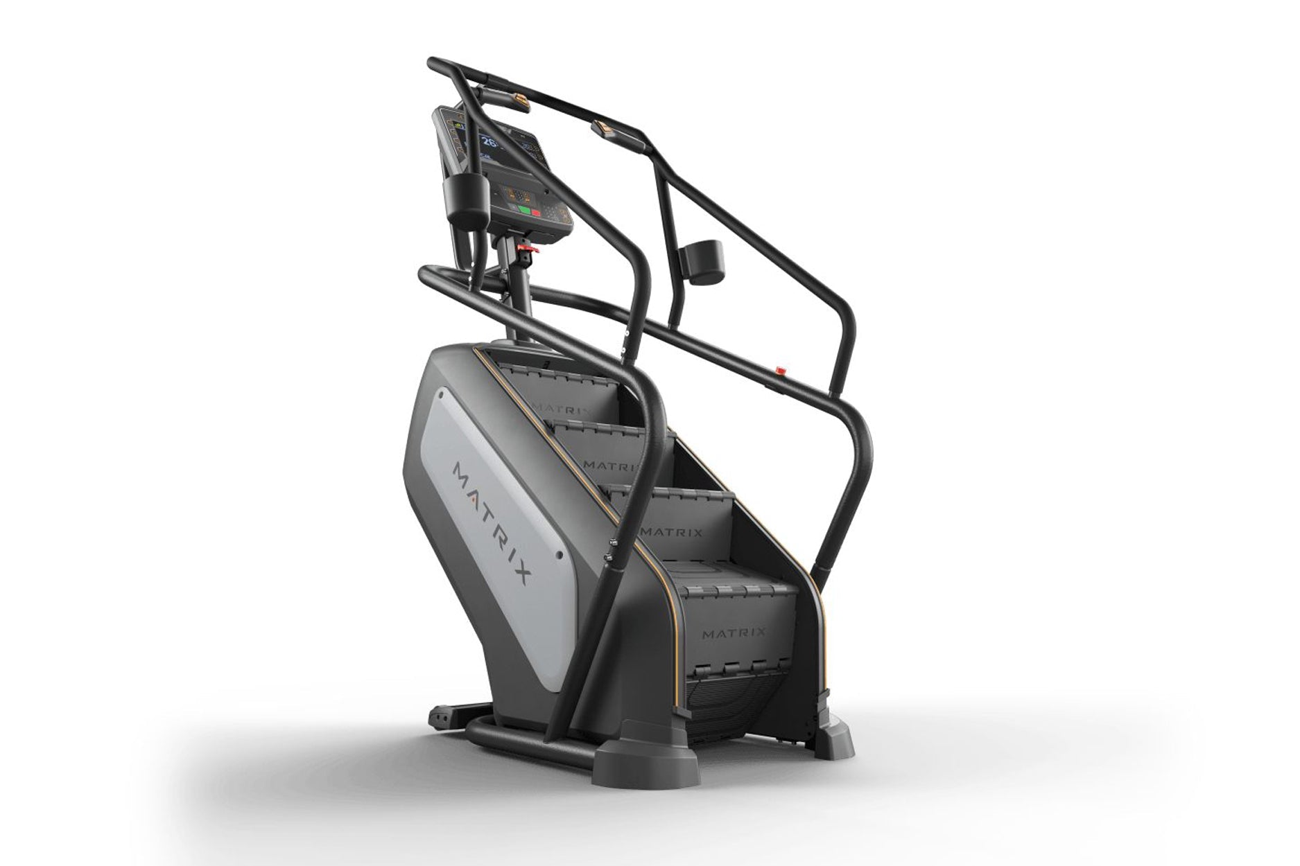 Matrix Endurance ClimbMill with black frame, gray step platform, digital console, and handlebar grips on white background