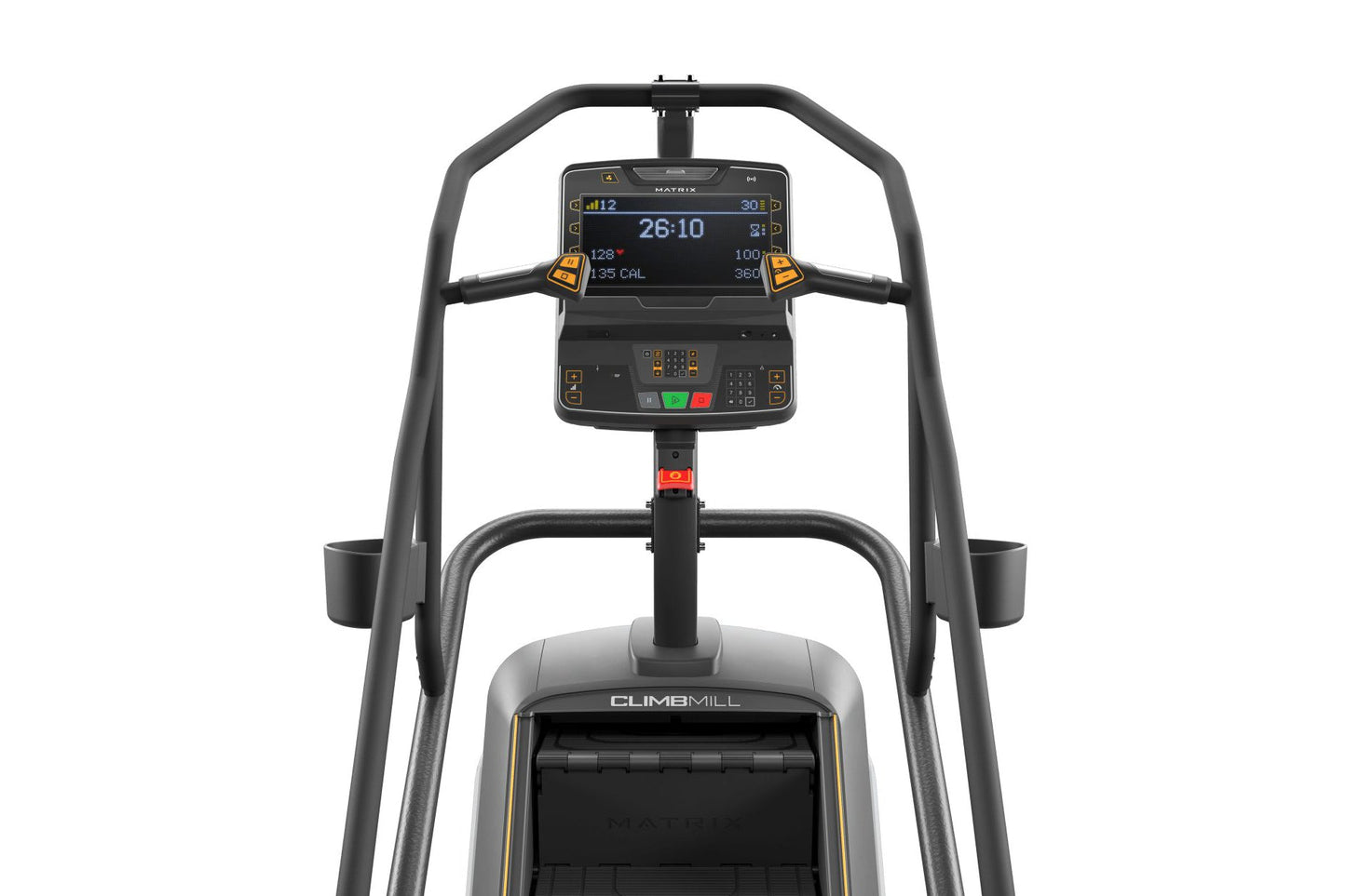 Matrix Endurance ClimbMill with digital console displaying time and calories, black frame with gray handles and yellow accent