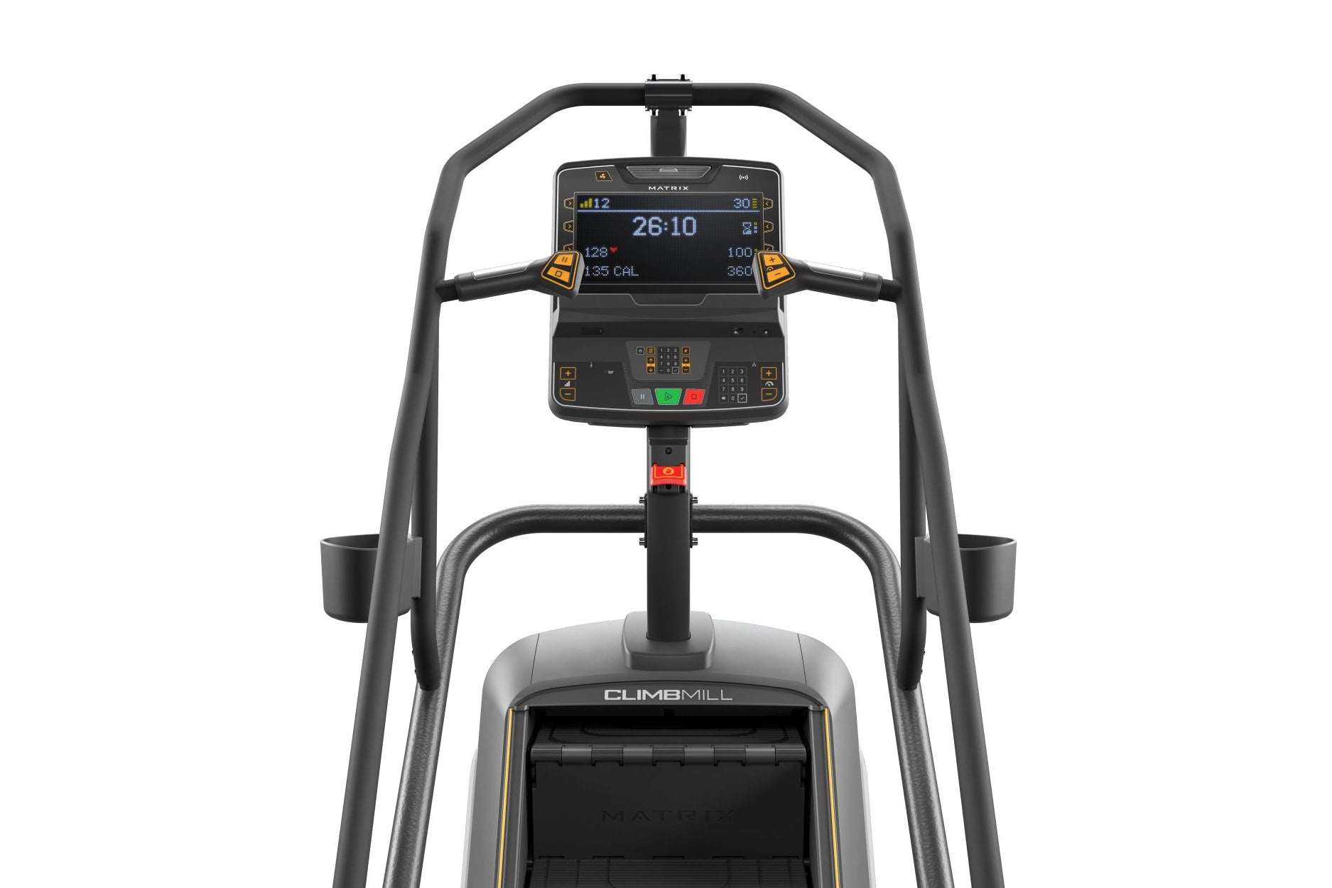Matrix Endurance ClimbMill with digital console displaying time and calories, black frame with gray handles and yellow accent