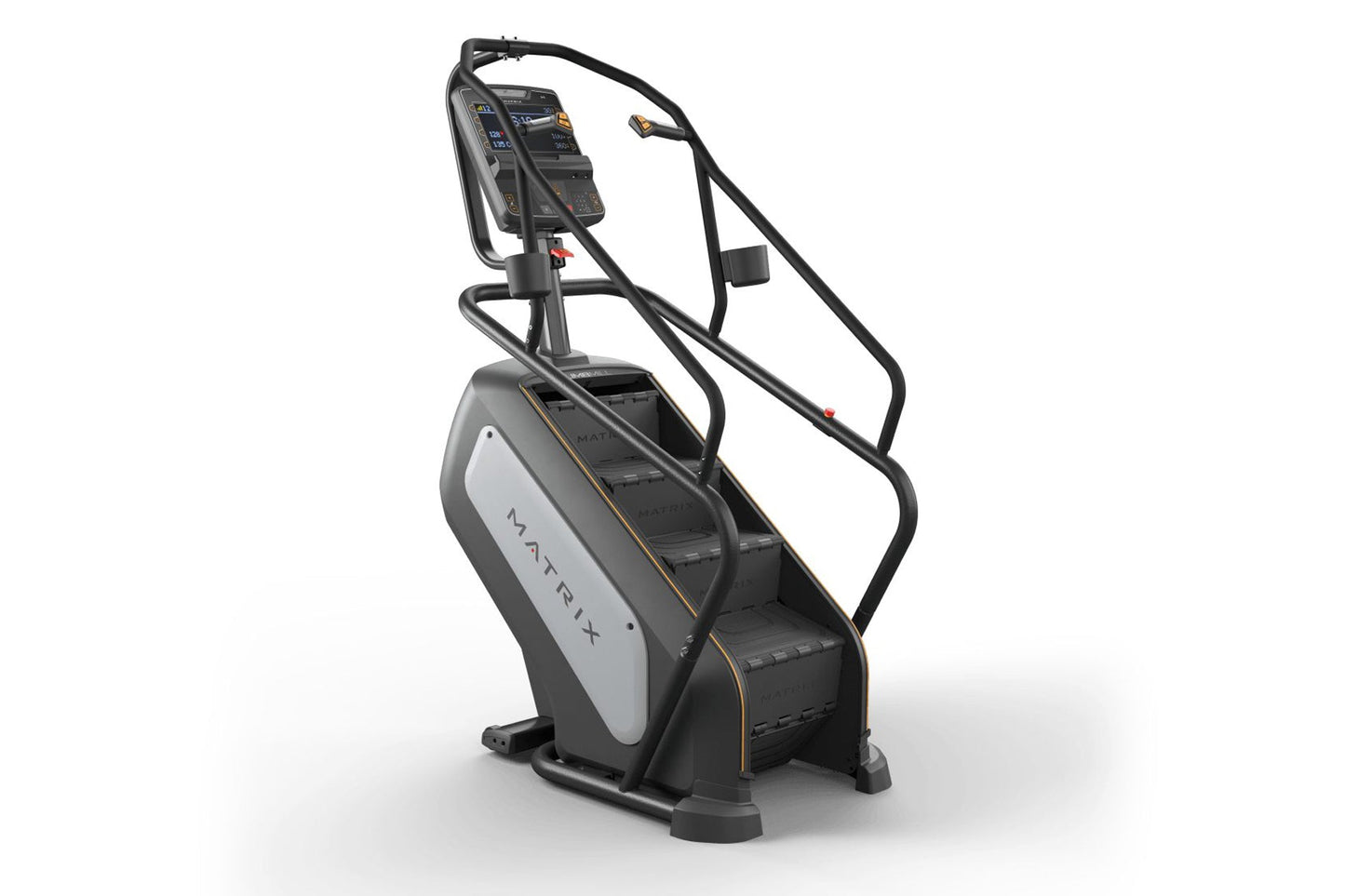 Matrix Endurance ClimbMill stair stepper machine with black frame, gray and white front panel, digital console, and dual hand