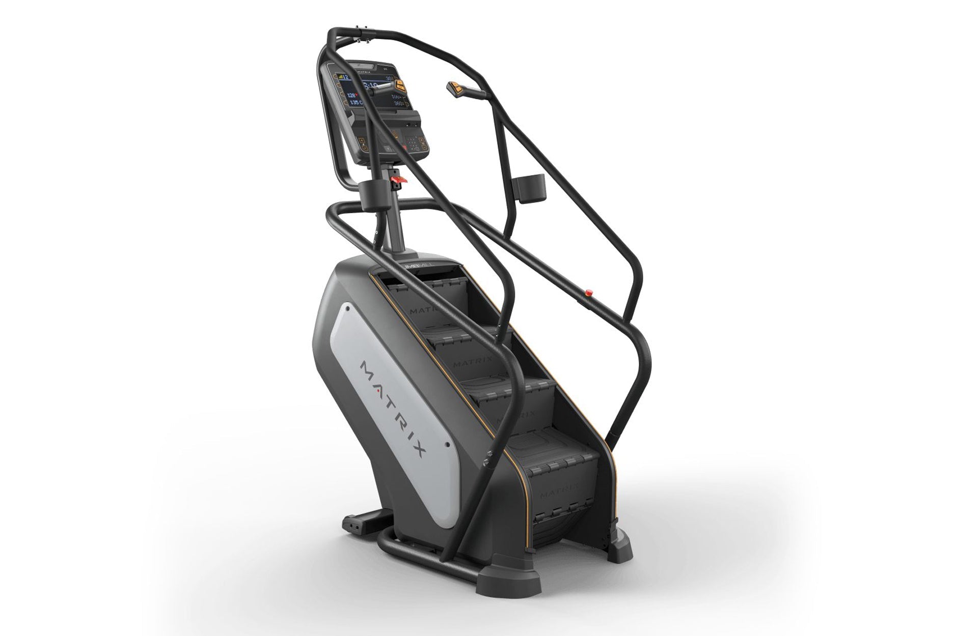 Matrix Endurance ClimbMill stair stepper machine with black frame, gray and white front panel, digital console, and dual hand