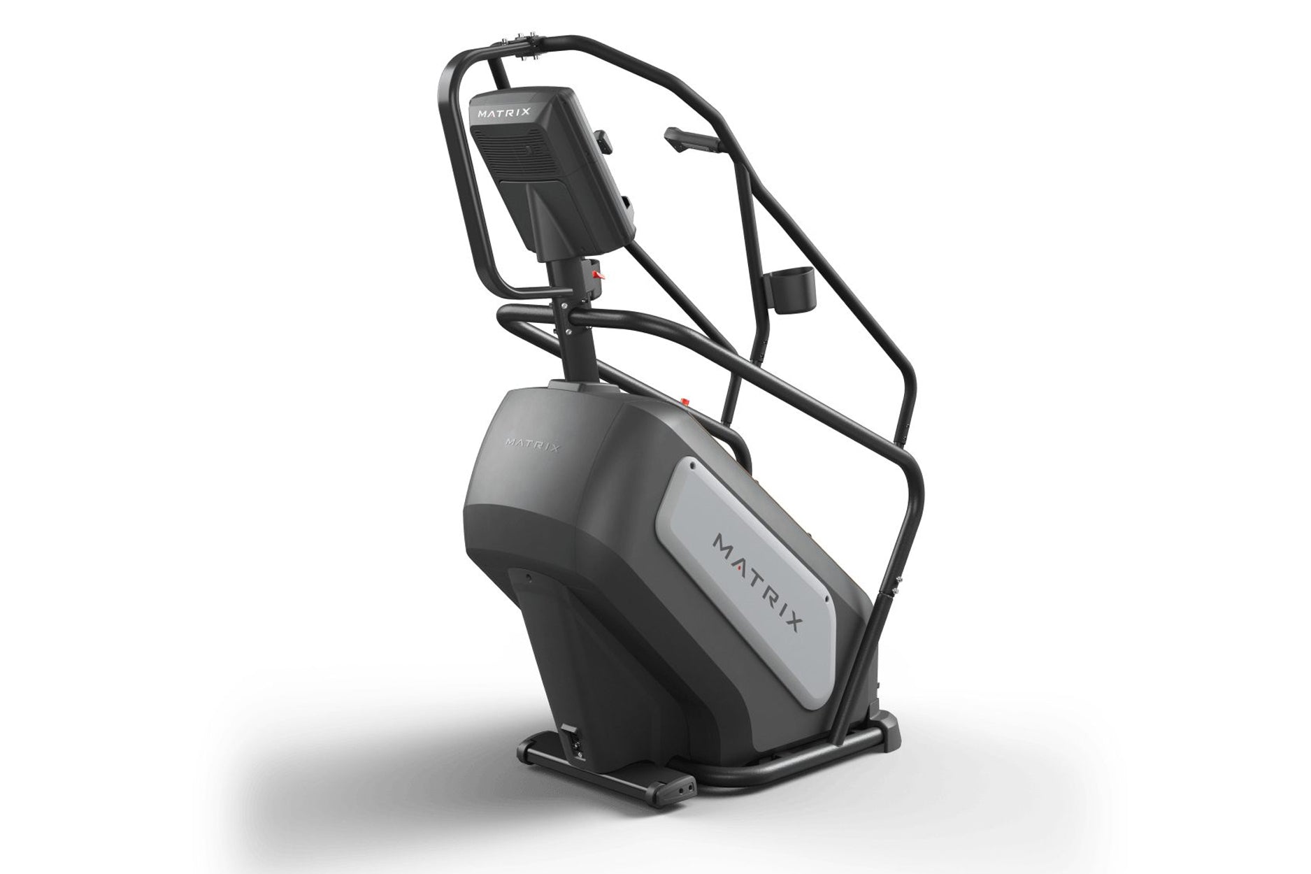 Matrix Endurance ClimbMill with black frame, gray accent panel, and overhead handlebar display on white background