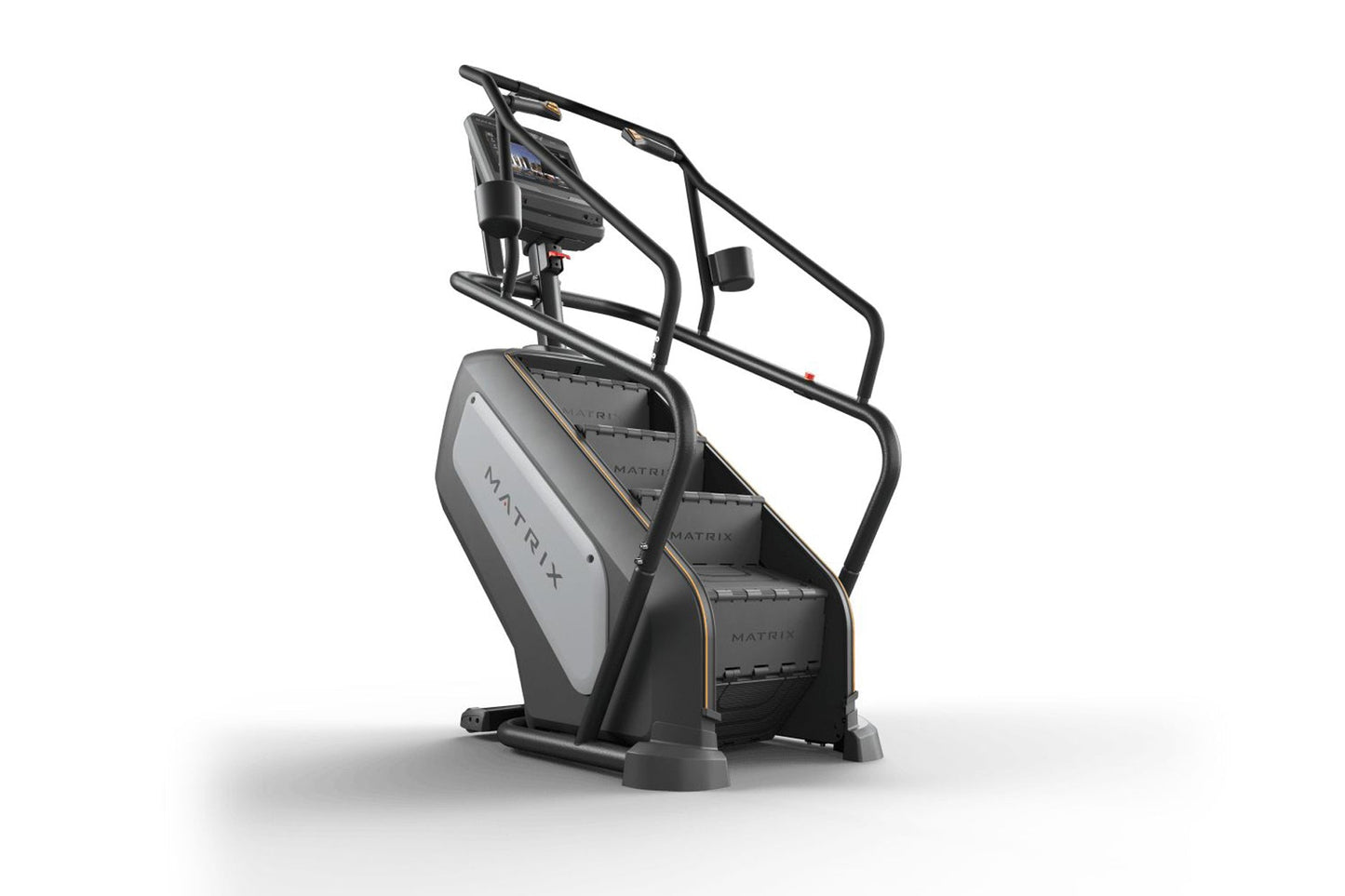 Matrix Endurance ClimbMill with black frame, gray and black seat, digital display console, and sturdy handrails on white back