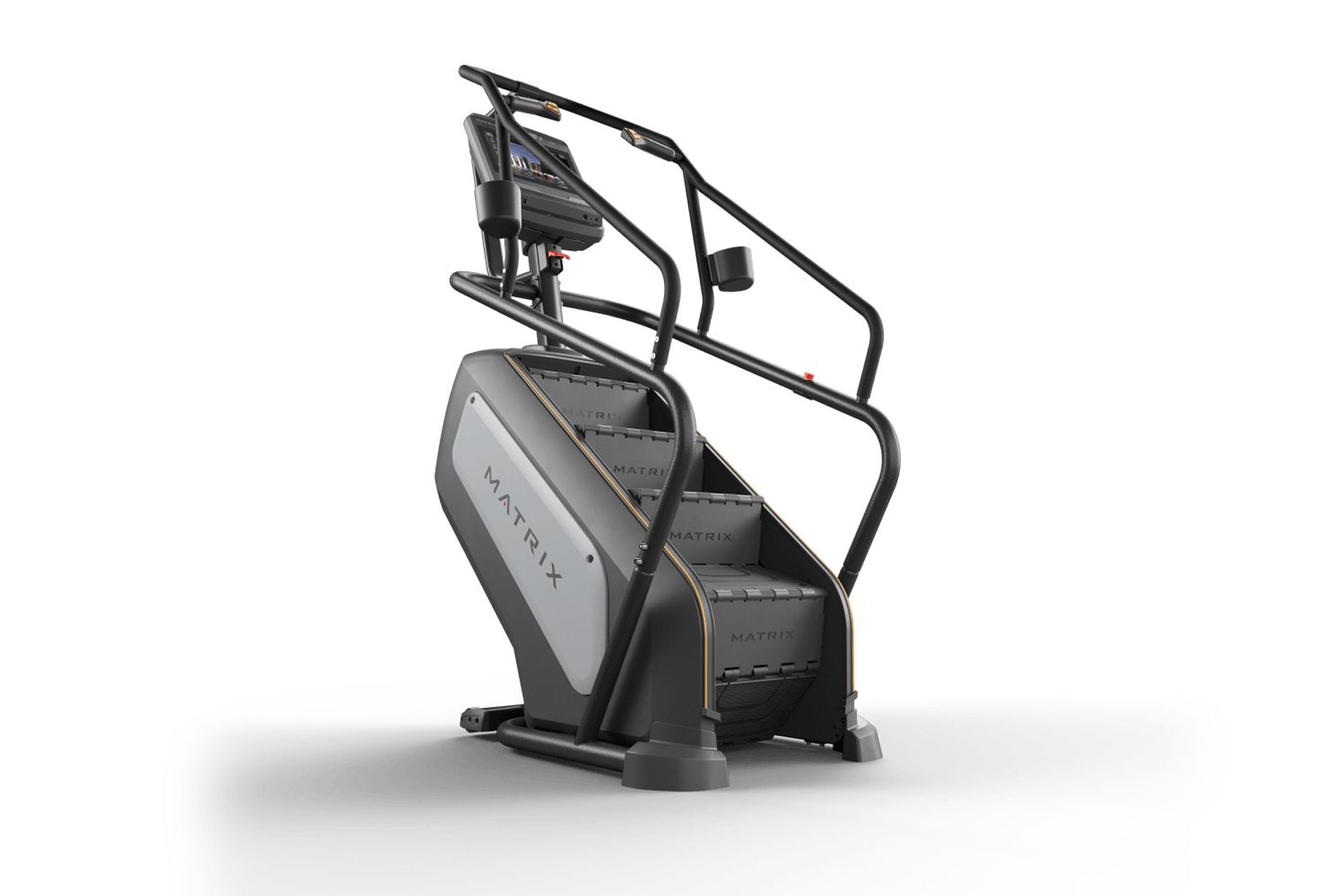 Matrix Endurance ClimbMill with black frame, gray and black seat, digital display console, and sturdy handrails on white back