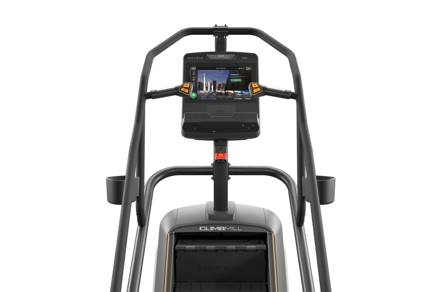 Matrix Endurance ClimbMill stair climber with black frame, digital display console, and gray footplates on white background