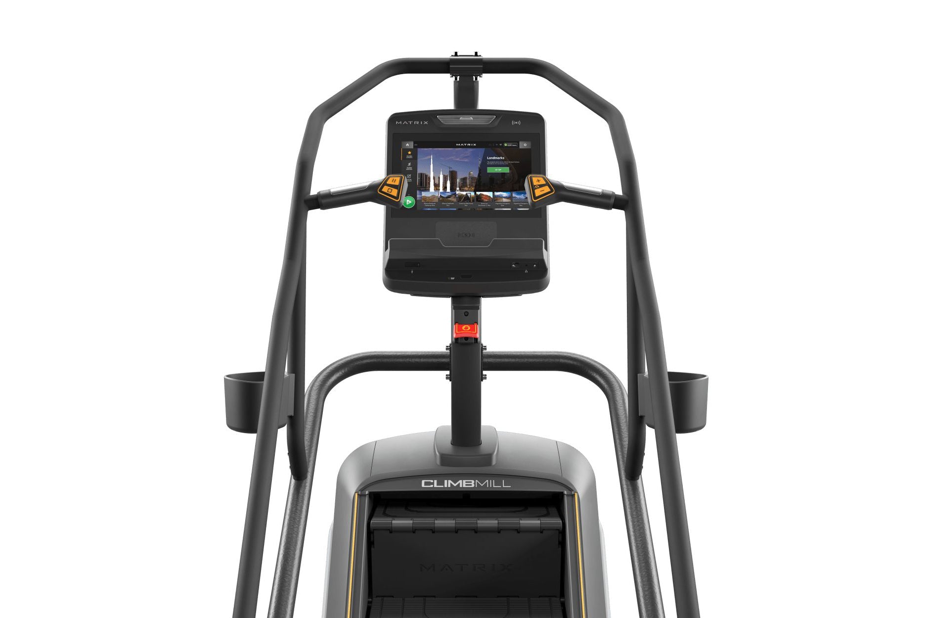 Matrix Endurance ClimbMill stair climber with black frame, digital display console, and gray footplates on white background