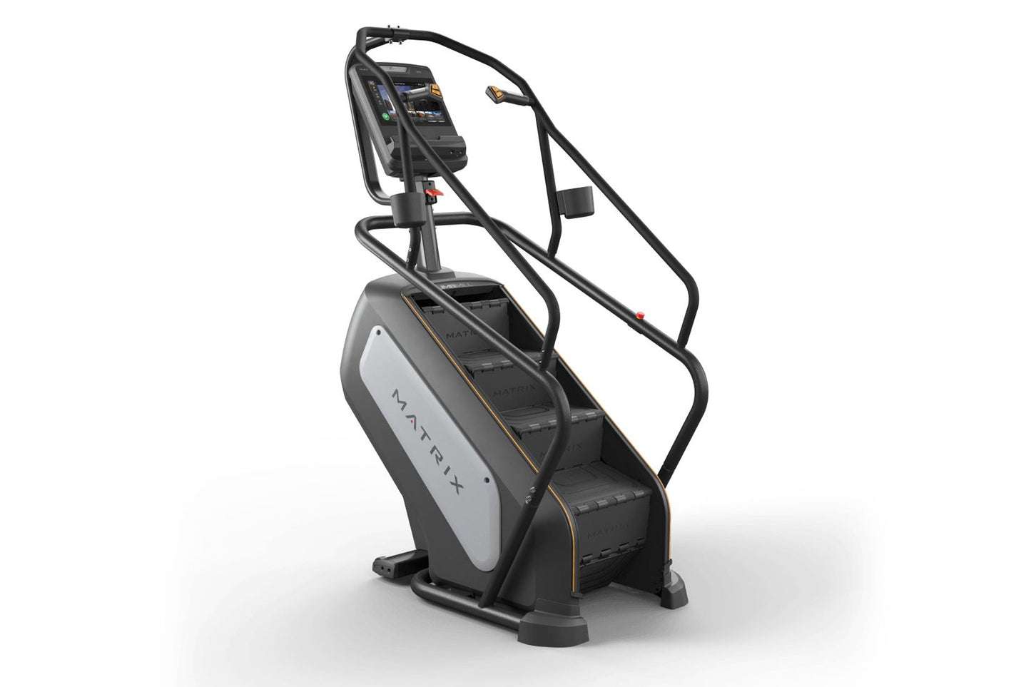 Matrix Endurance ClimbMill with digital display console, black frame, white panel, and dual handrails on white background