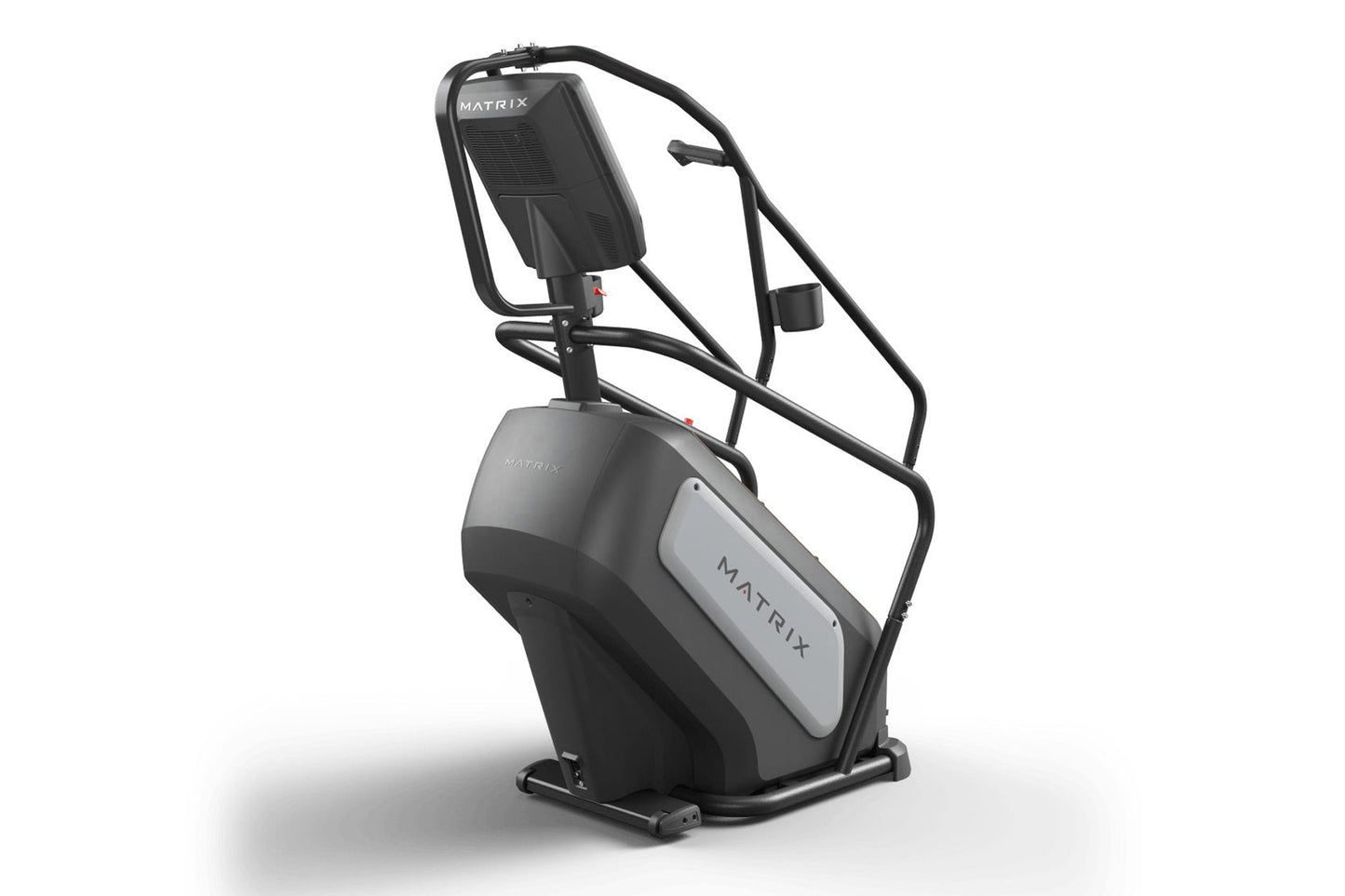 Matrix Endurance ClimbMill with black frame, gray seat, and upper body handles on white background