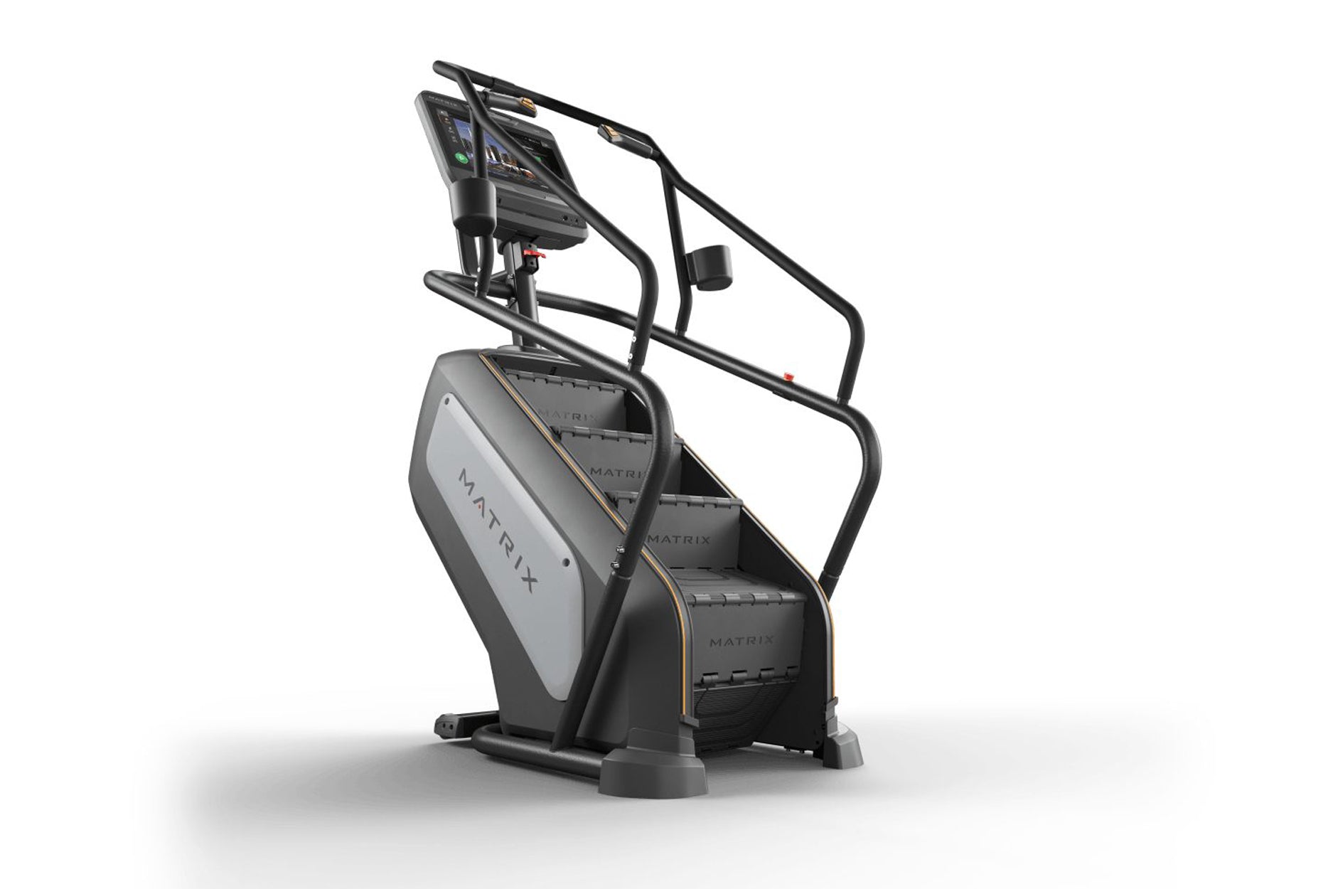 Matrix Endurance ClimbMill with black frame, gray seat, digital display console, and dual climbing handles on white backgroun