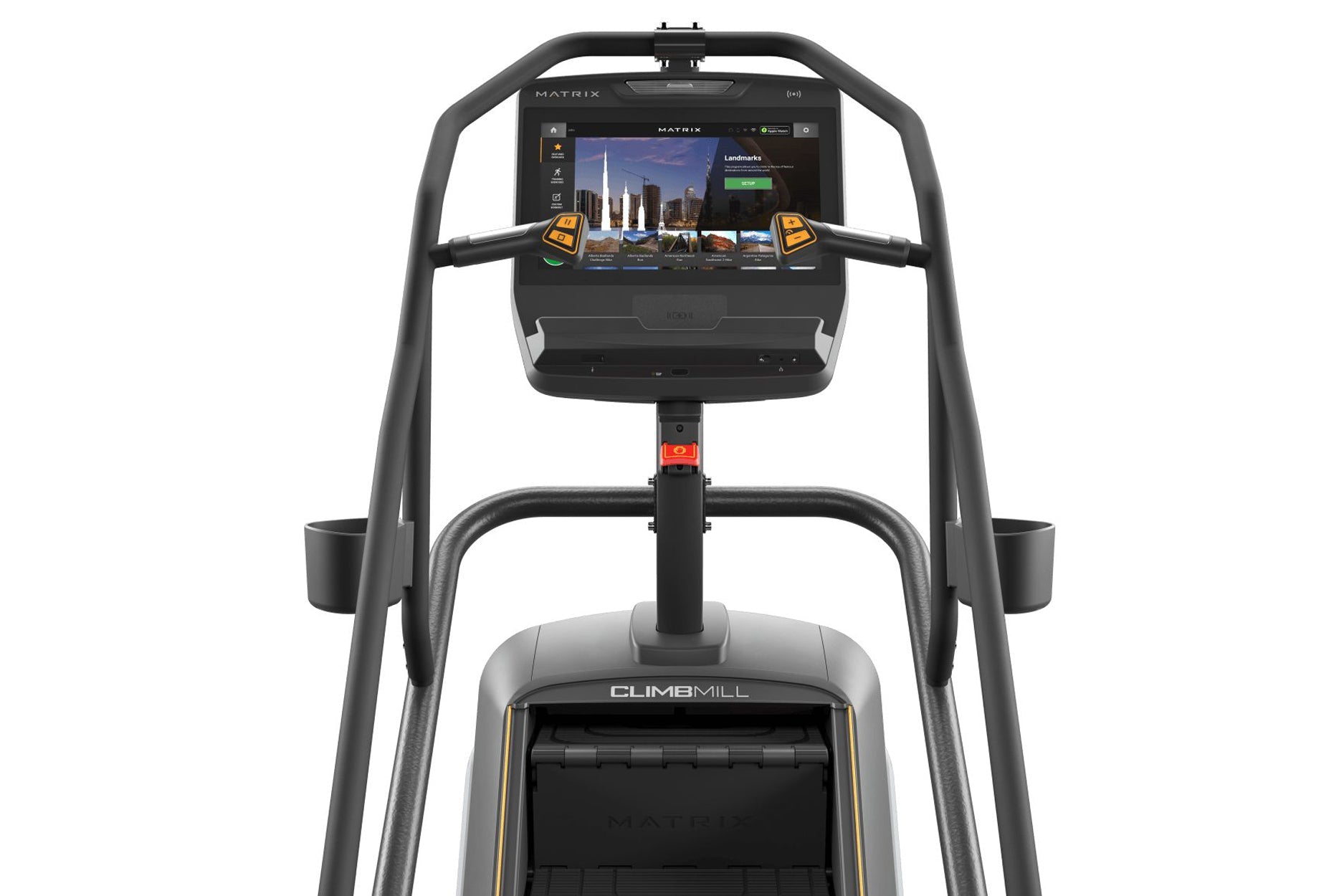 Matrix ClimbMill stair stepper with gray frame, black touchscreen display showing landmarks interface, and yellow accent deta