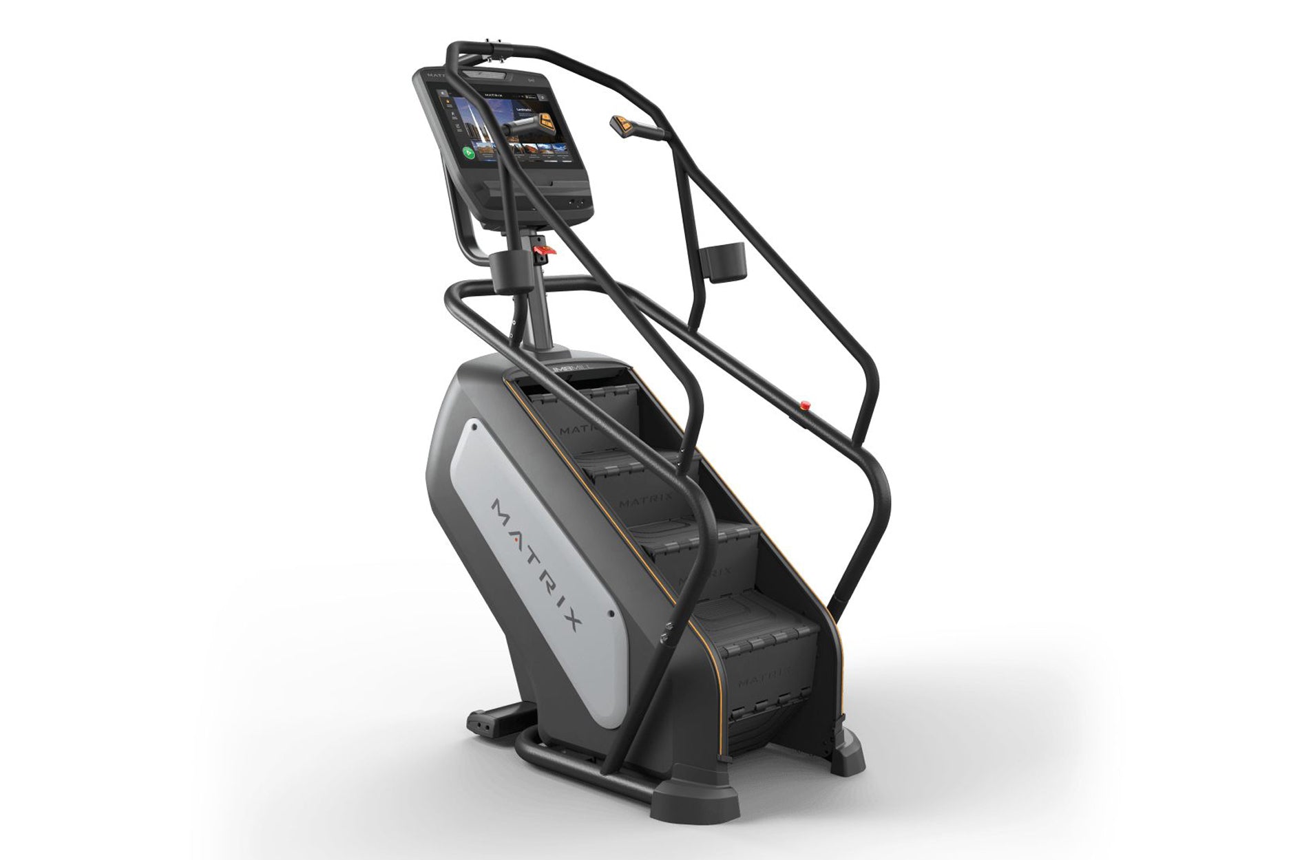 Matrix Endurance ClimbMill with black frame, gray and white base, digital display console, and dual black handrails on white 