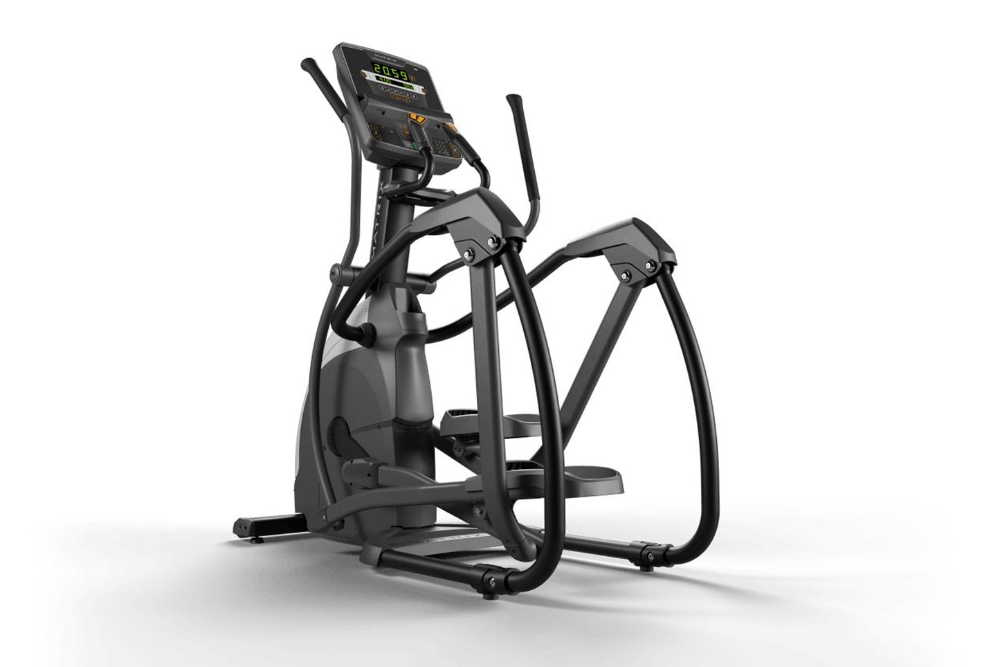 Black Matrix elliptical machine with digital display console, dual handles, and foot pedals on white background