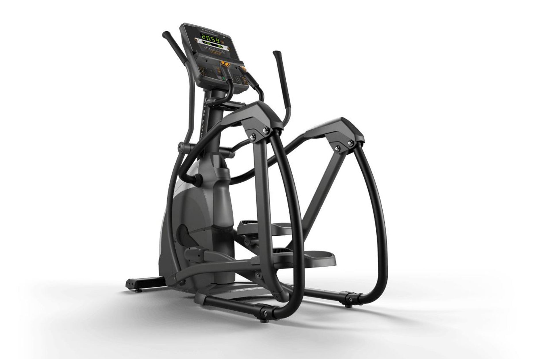 Black Matrix elliptical machine with digital display console, dual handles, and foot pedals on white background