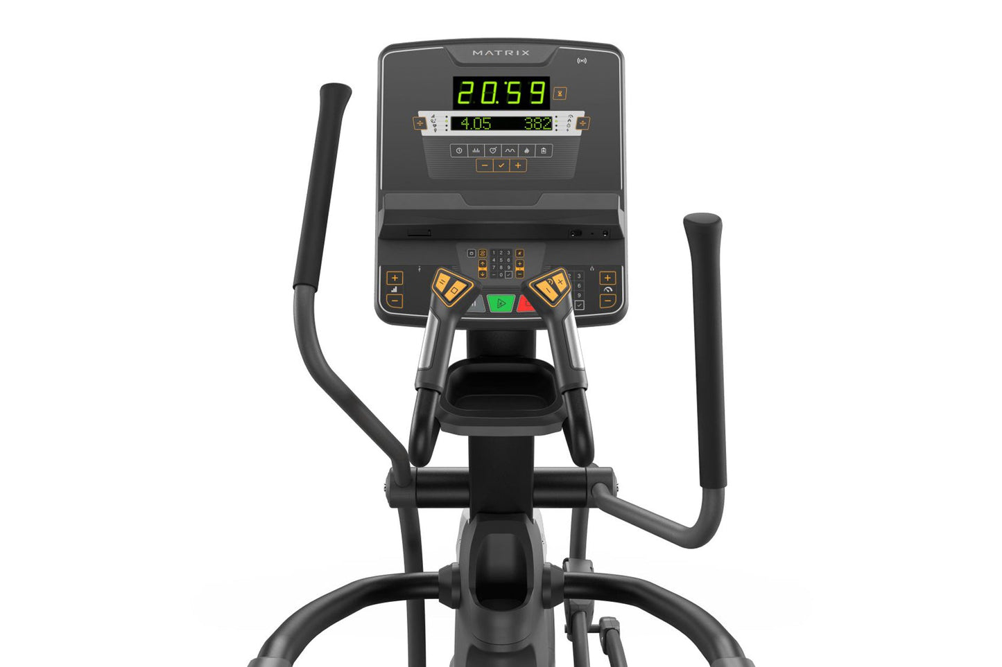 Matrix Endurance elliptical machine with black frame, dual handles, digital display showing time and distance, on white backg