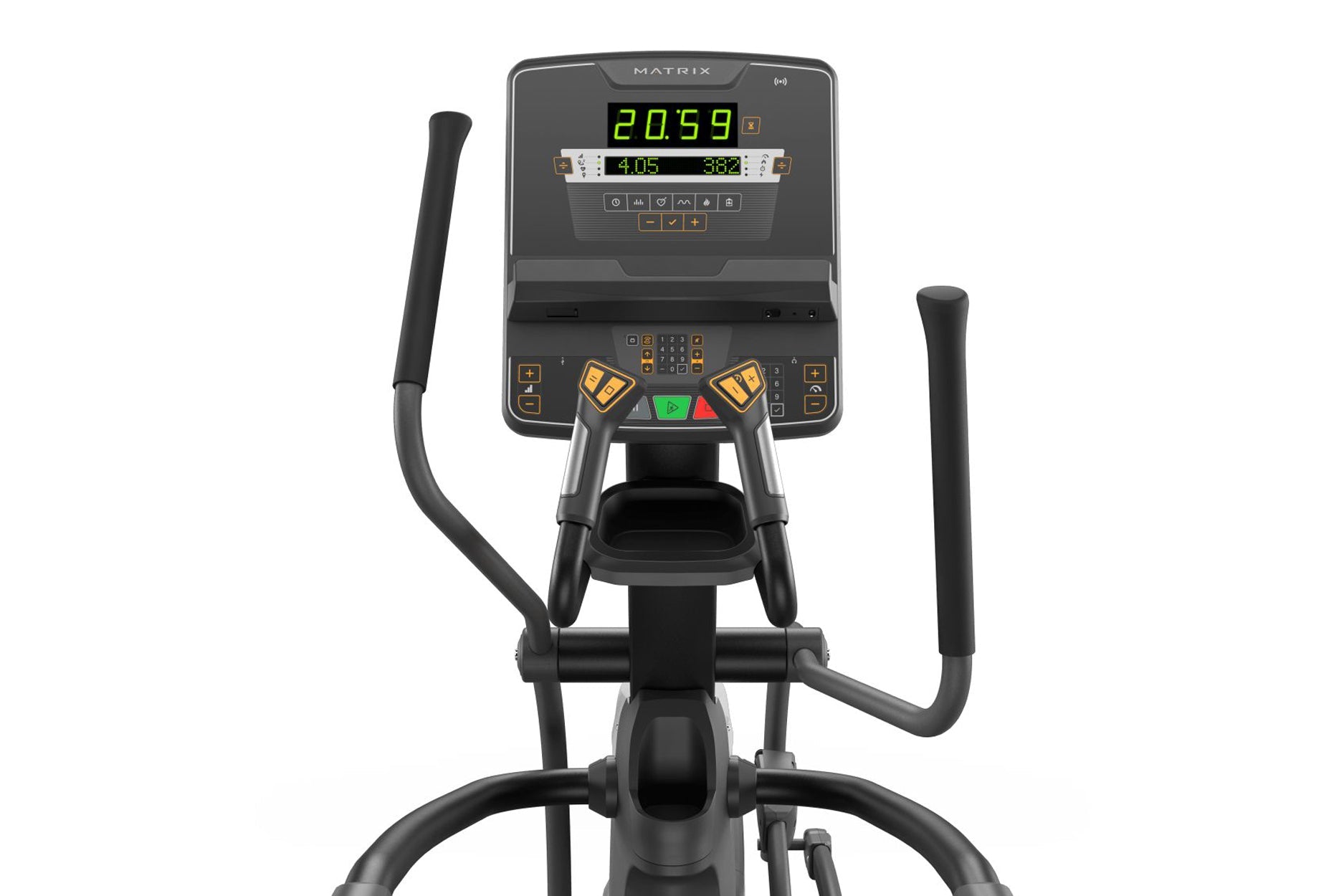 Matrix Endurance elliptical machine with black frame, dual handles, digital display showing time and distance, on white backg