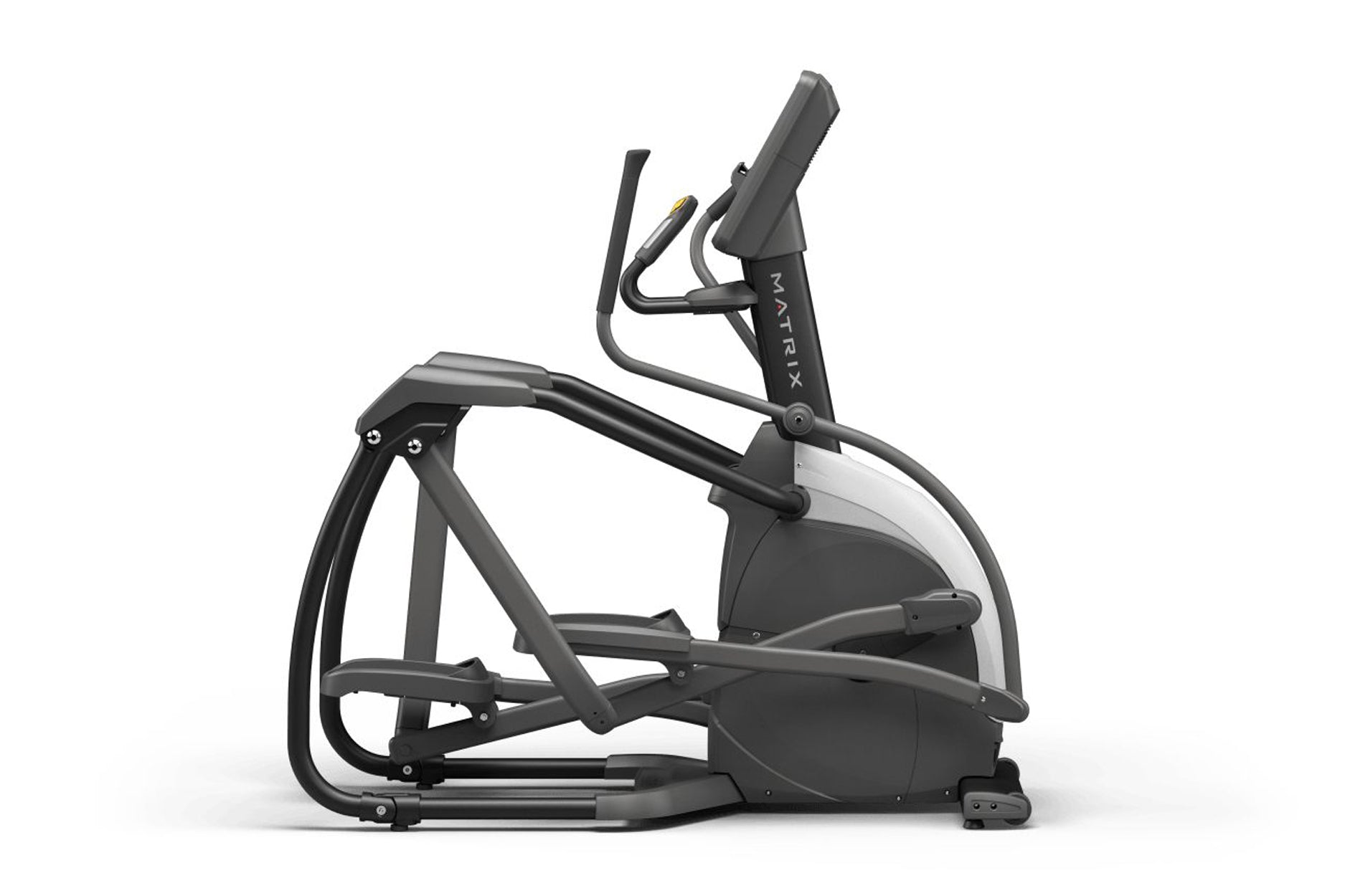 Black and gray Matrix elliptical machine with dual handles and foot pedals on white background
