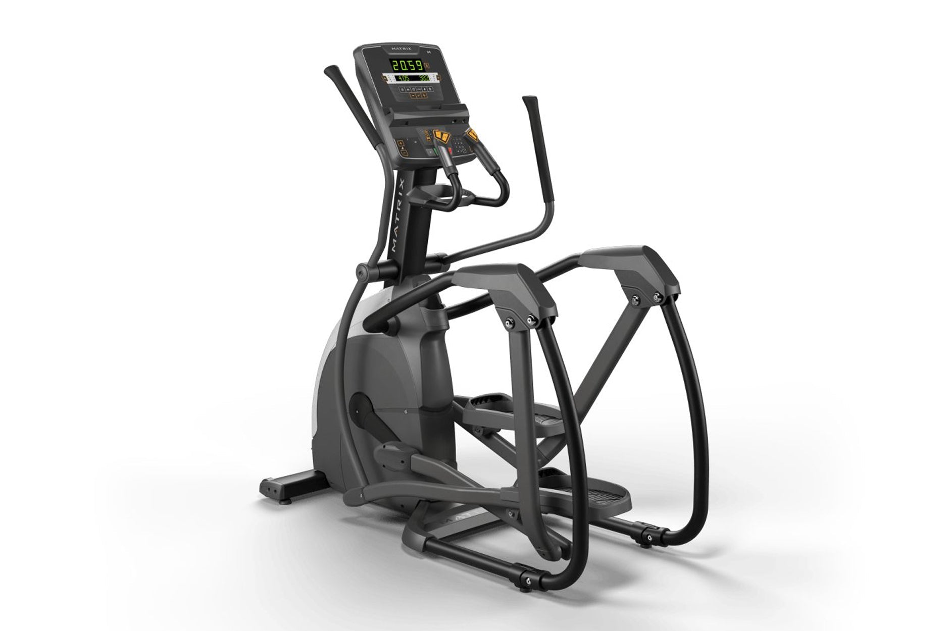 Black elliptical exercise machine with digital display console showing 2059, dual moving handlebars, and foot pedals on white