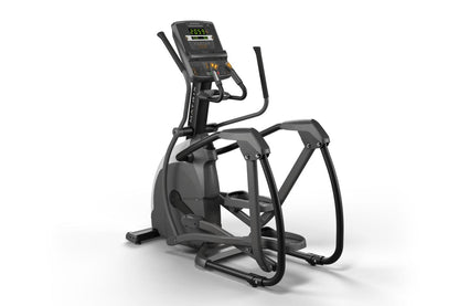 Black elliptical exercise machine with digital display console showing 2059, dual moving handlebars, and foot pedals on white