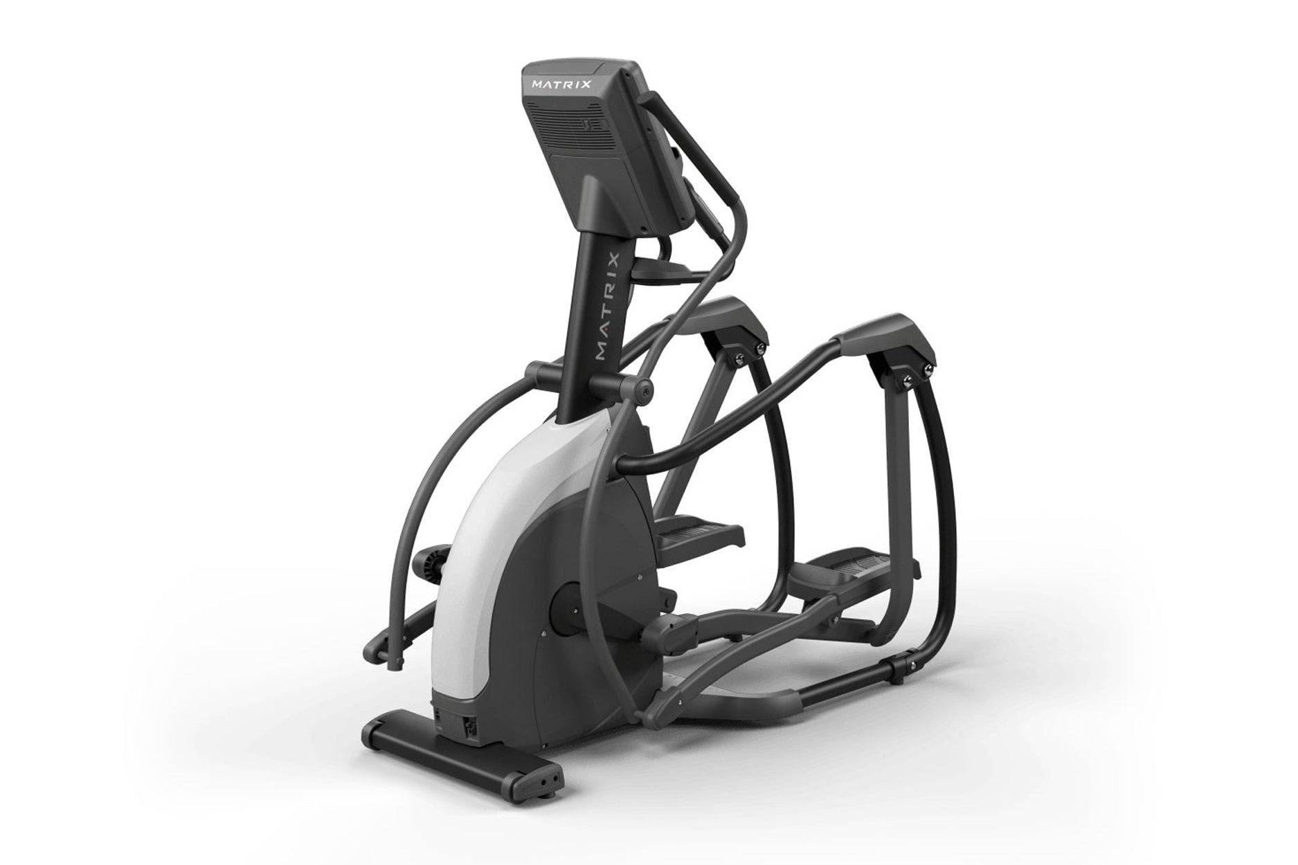 Matrix Endurance elliptical machine with black frame, white accent panels, digital display console, and dual foot pedals on w