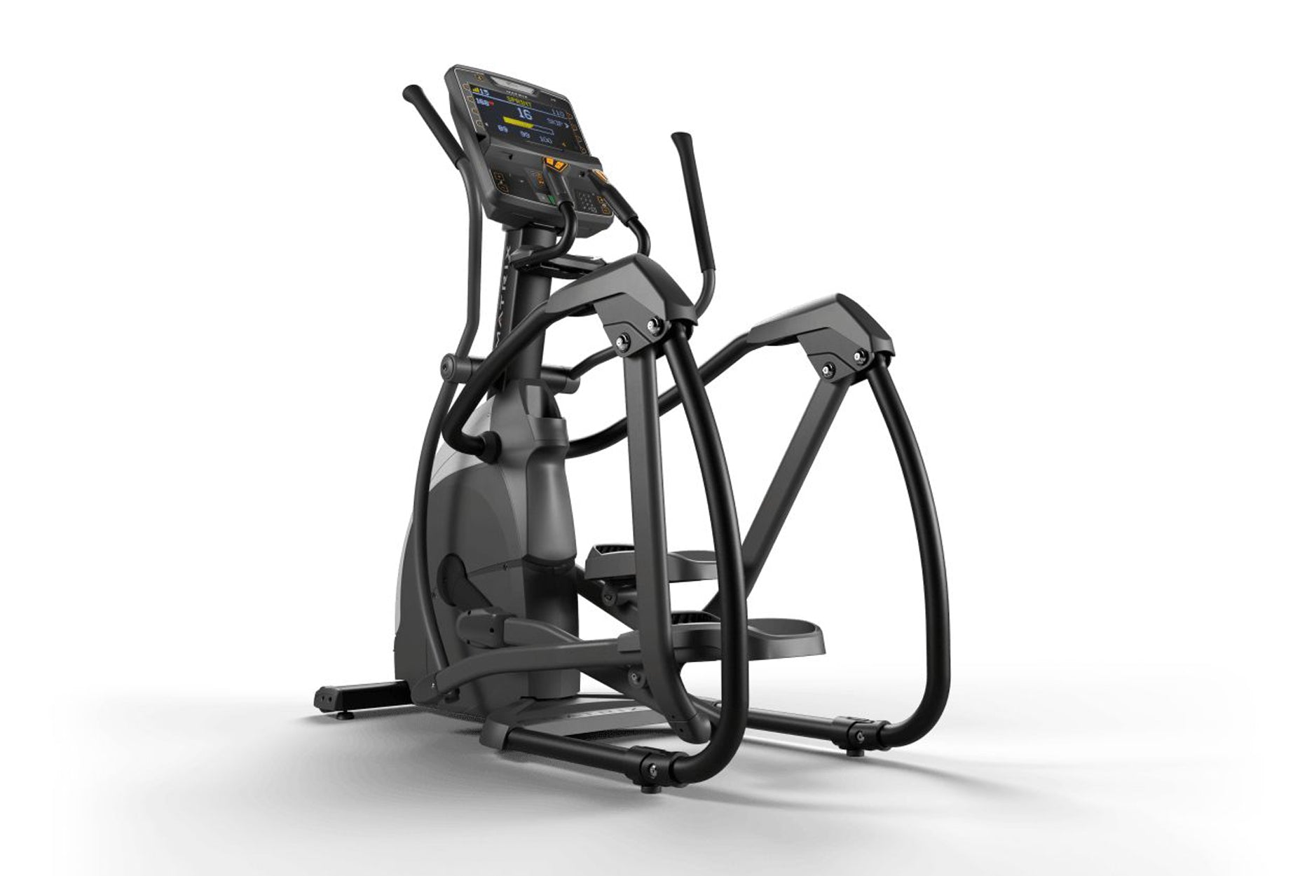 Black and gray elliptical machine with digital console display, dual handles, and footpads on white background