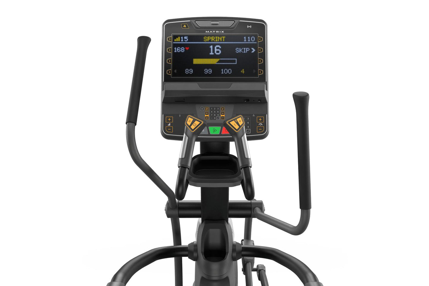 Black and gray elliptical machine with Matrix digital display showing sprint workout metrics on white background