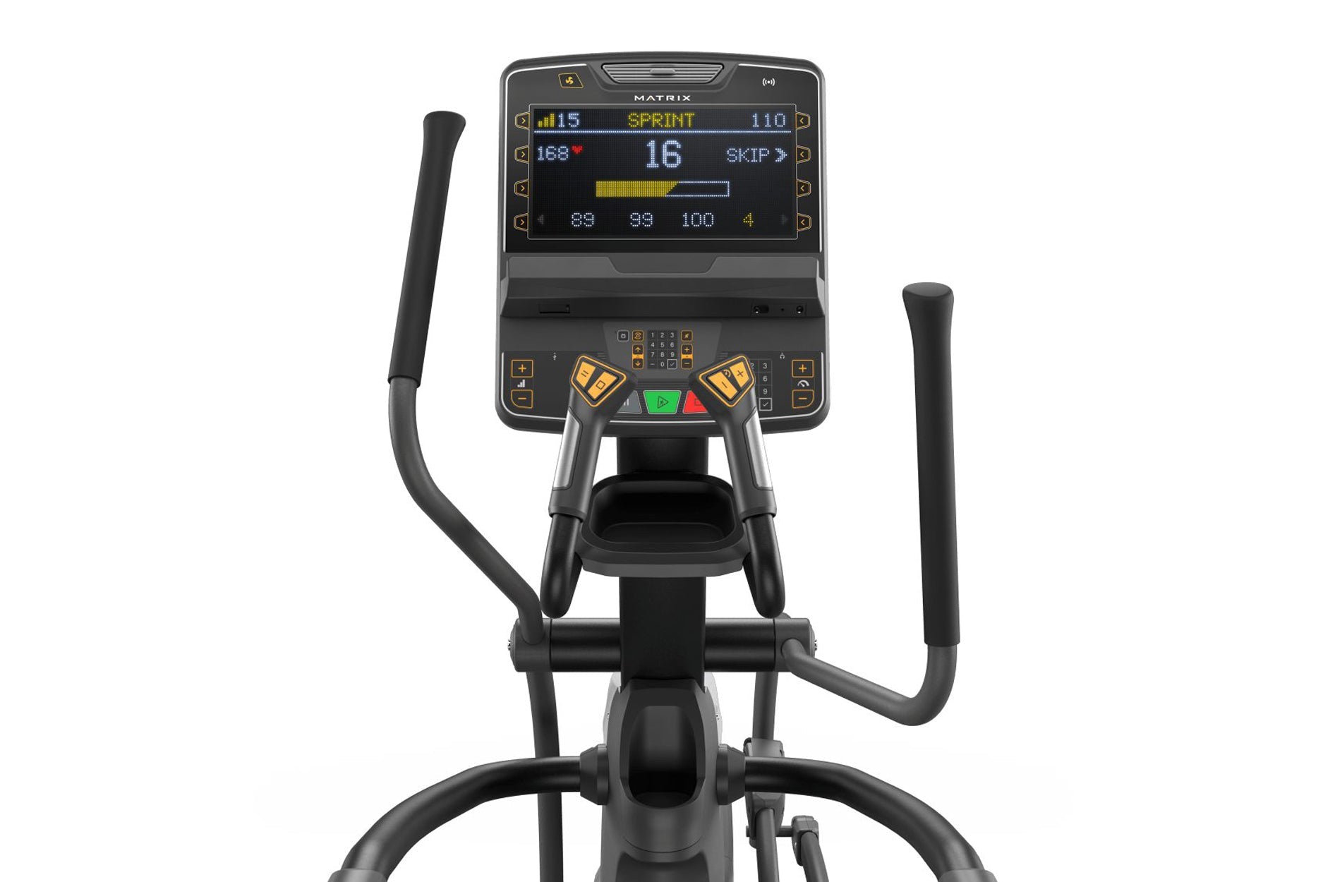 Black and gray elliptical machine with Matrix digital display showing sprint workout metrics on white background