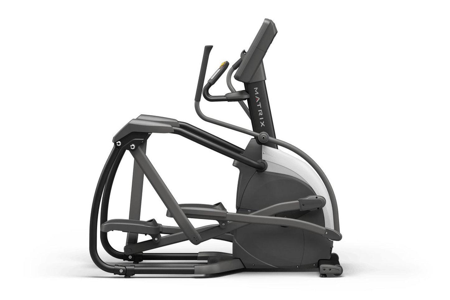 Matrix Endurance elliptical trainer with black and gray frame, dual handles, and white seat pad on white background