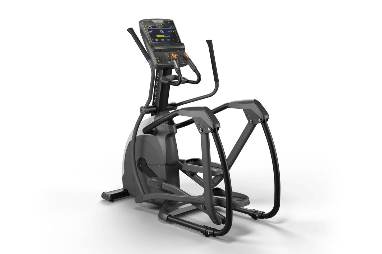 Black elliptical exercise machine with digital console displaying workout metrics, handlebars, and foot pedals on white backg