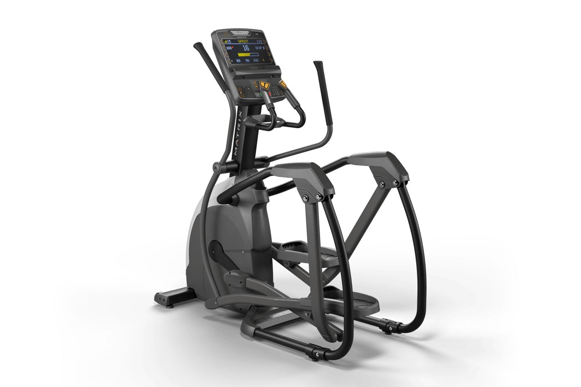 Black elliptical exercise machine with digital console displaying workout metrics, handlebars, and foot pedals on white backg