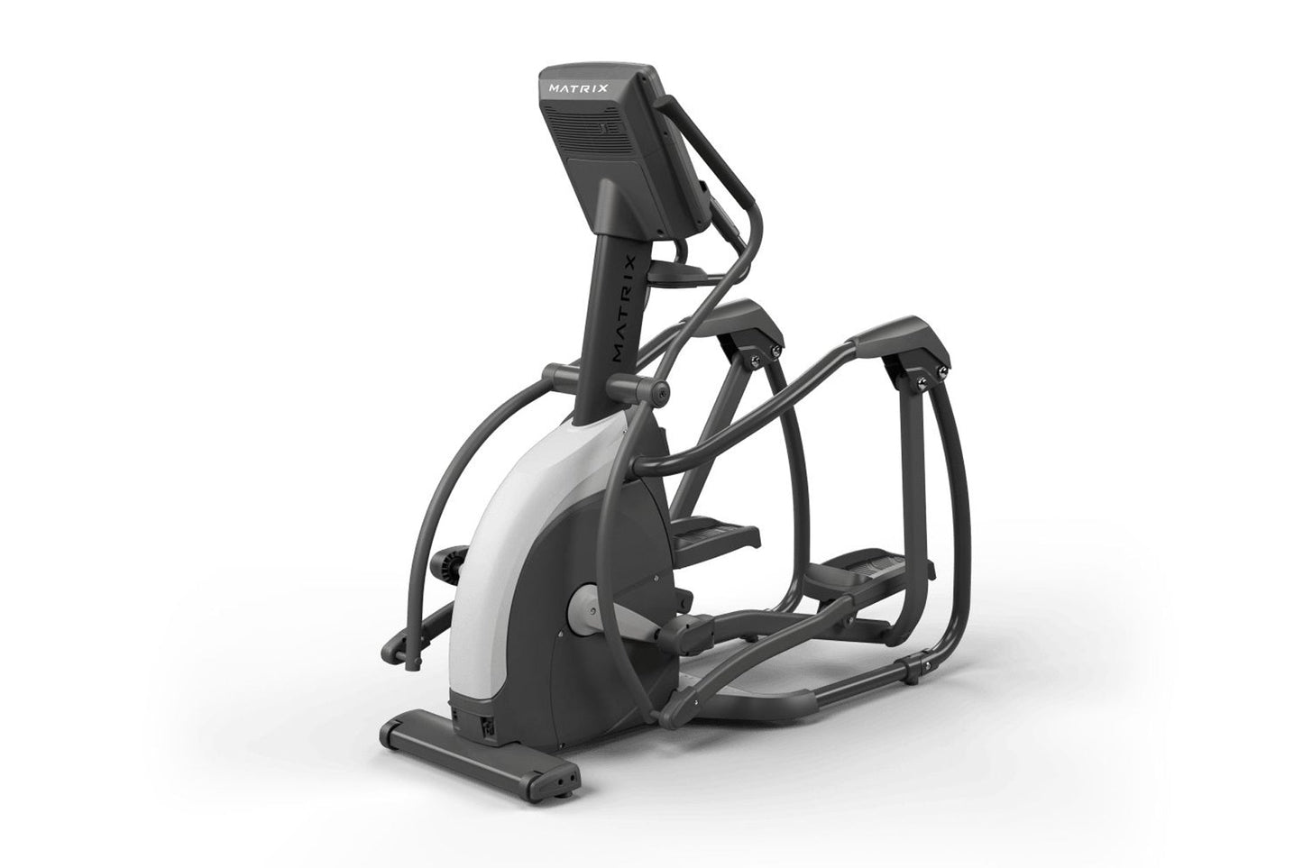 Matrix Endurance elliptical machine with black frame, white accents, digital console, and dual foot pedals on white backgroun