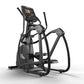 Black elliptical exercise machine with digital console display and moving handlebars, shown on white background