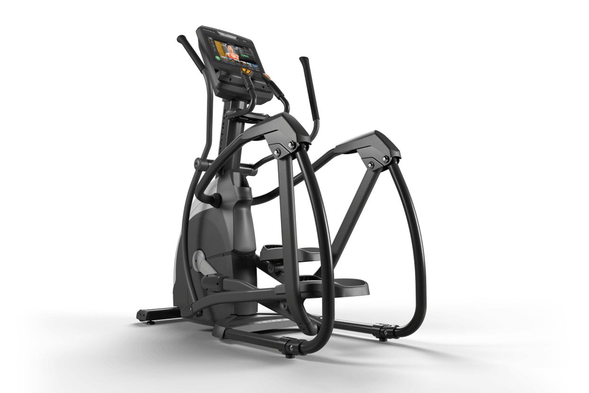 Black elliptical exercise machine with digital console display and moving handlebars, shown on white background