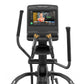 Matrix Endurance Elliptical with black frame, dual handles with yellow grips, and touchscreen console displaying fitness app,