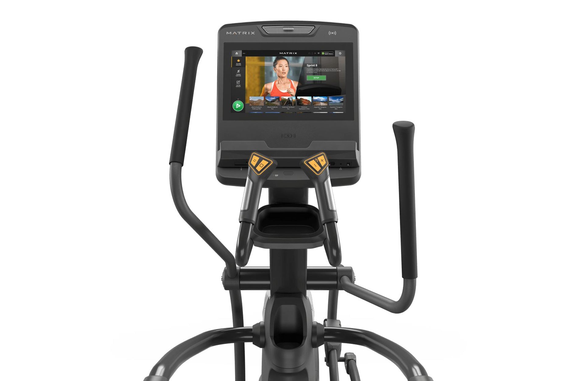 Matrix Endurance Elliptical with black frame, dual handles with yellow grips, and touchscreen console displaying fitness app,
