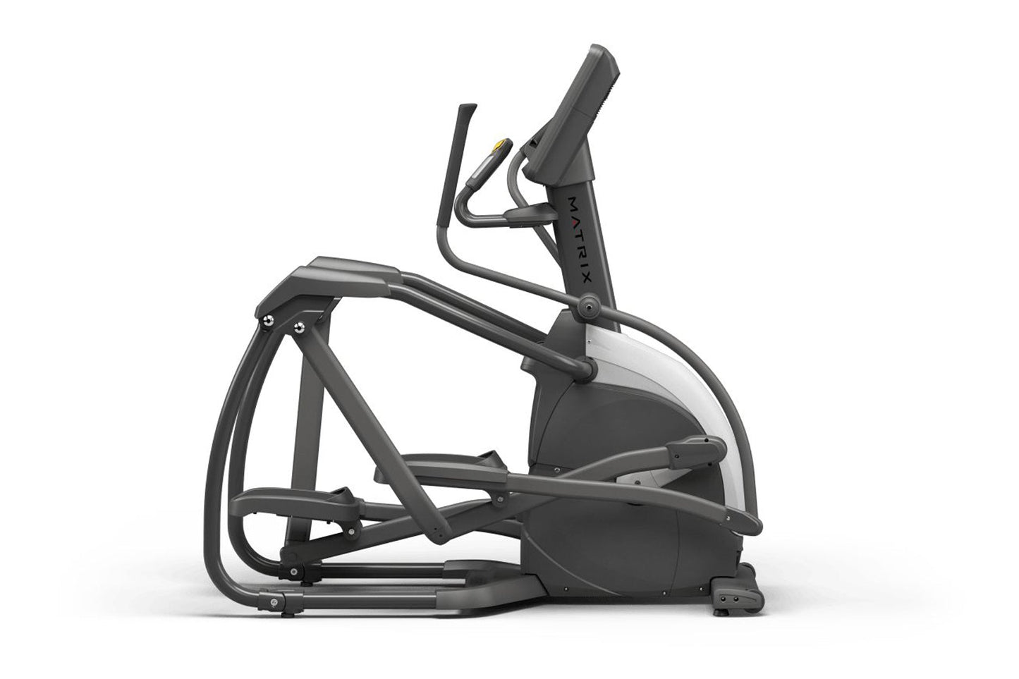 Matrix Endurance elliptical machine with black frame, white seat, curved handles, and digital console on white background