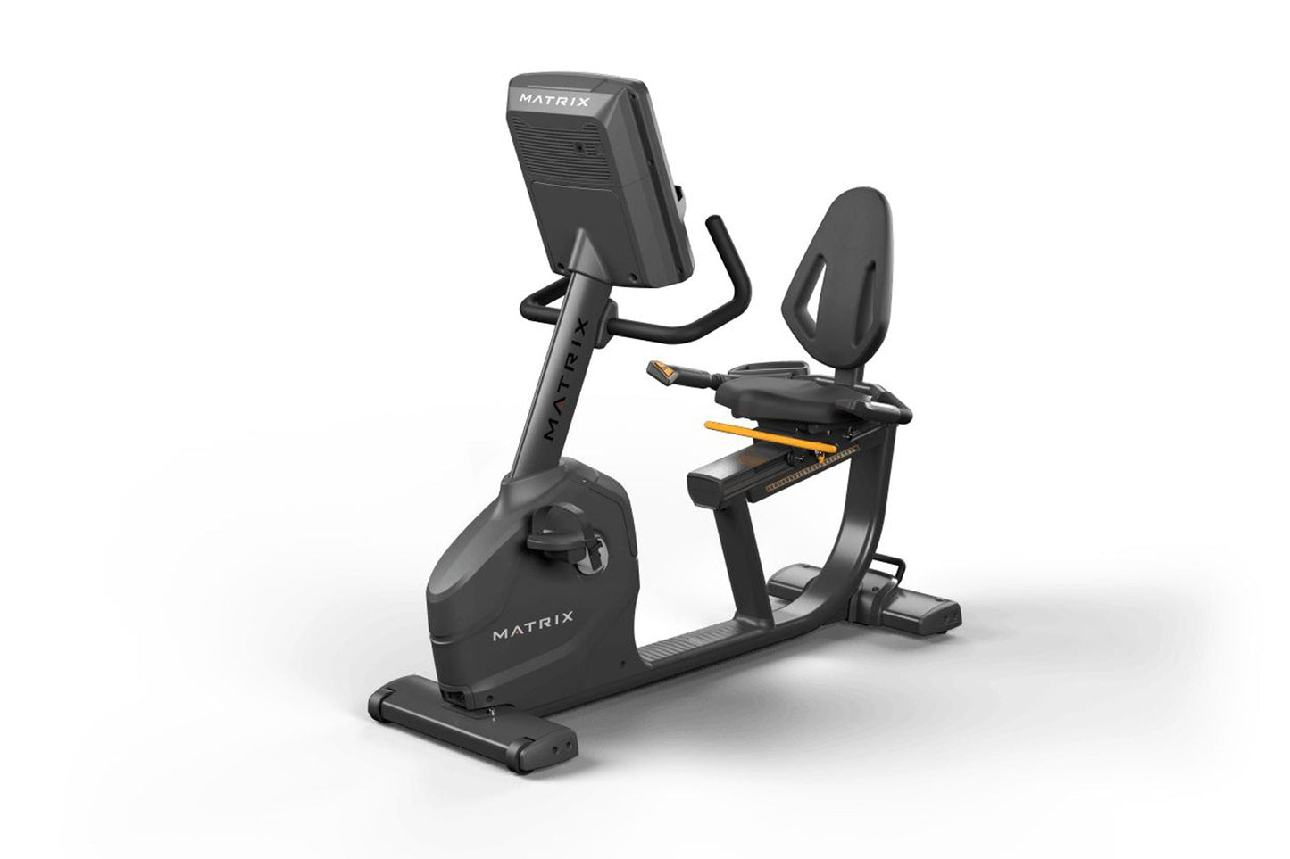 Matrix Endurance recumbent exercise bike with black frame, digital console, padded seat, and orange accents on white backgrou