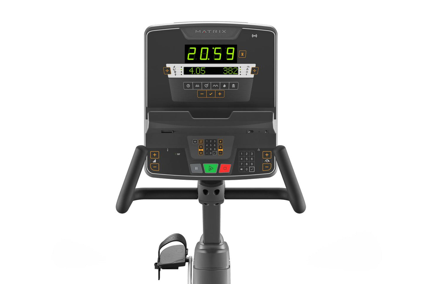 Matrix Endurance recumbent exercise bike with black frame, digital display showing time and metrics, control console with gre