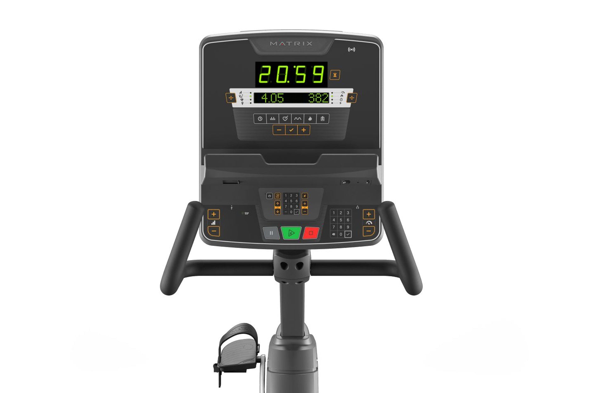 Matrix Endurance recumbent exercise bike with black frame, digital display showing time and metrics, control console with gre