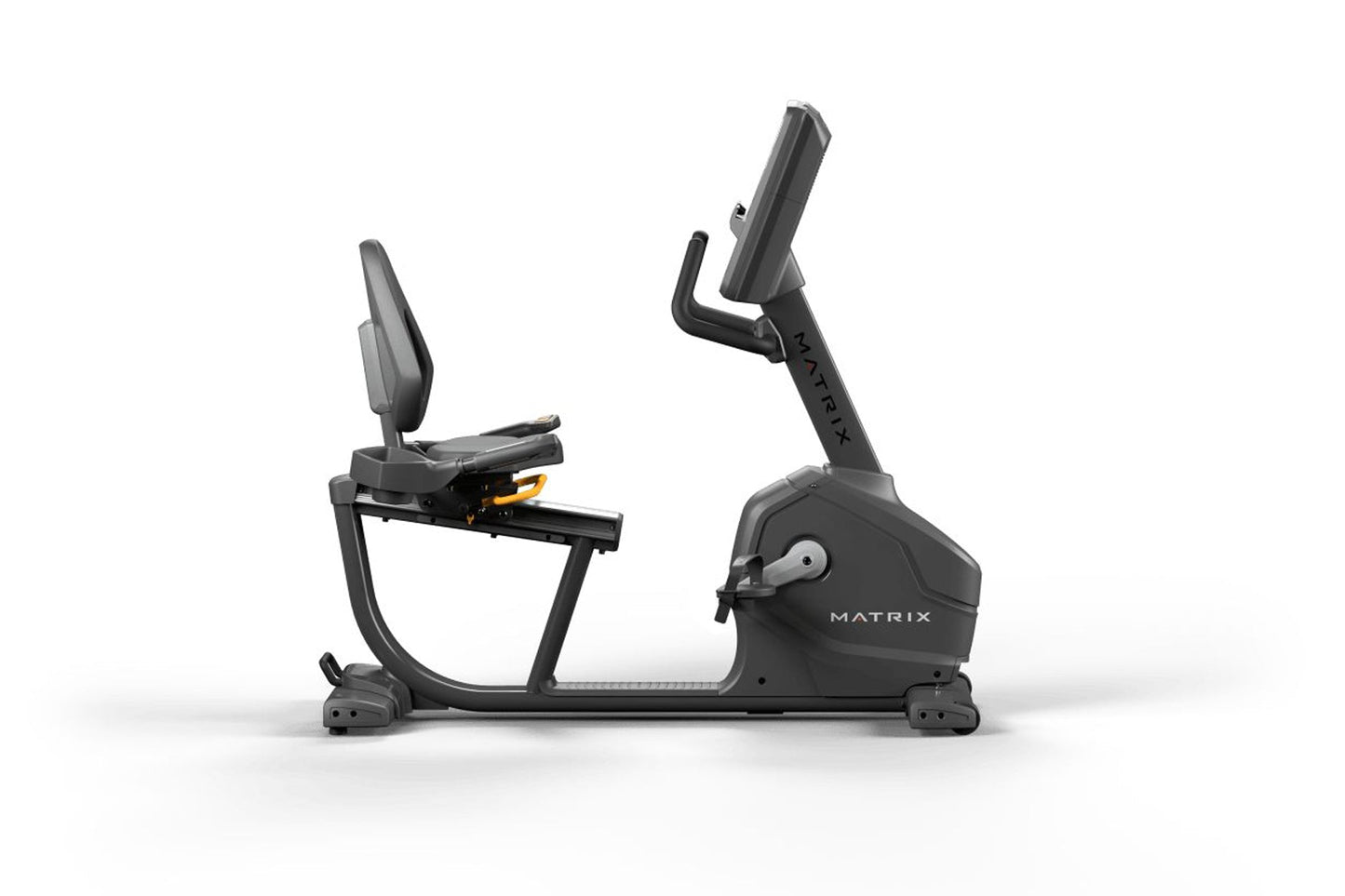 Matrix Endurance recumbent exercise bike with black frame, padded seat, digital display console, and adjustable handlebar on 