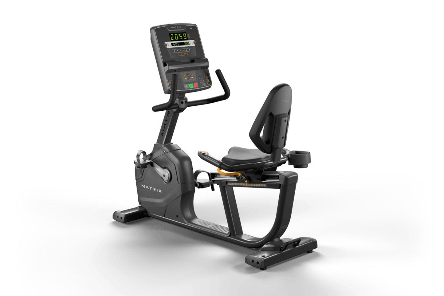 Matrix Endurance black recumbent exercise bike with digital console display, padded seat, and foot pedals on white background