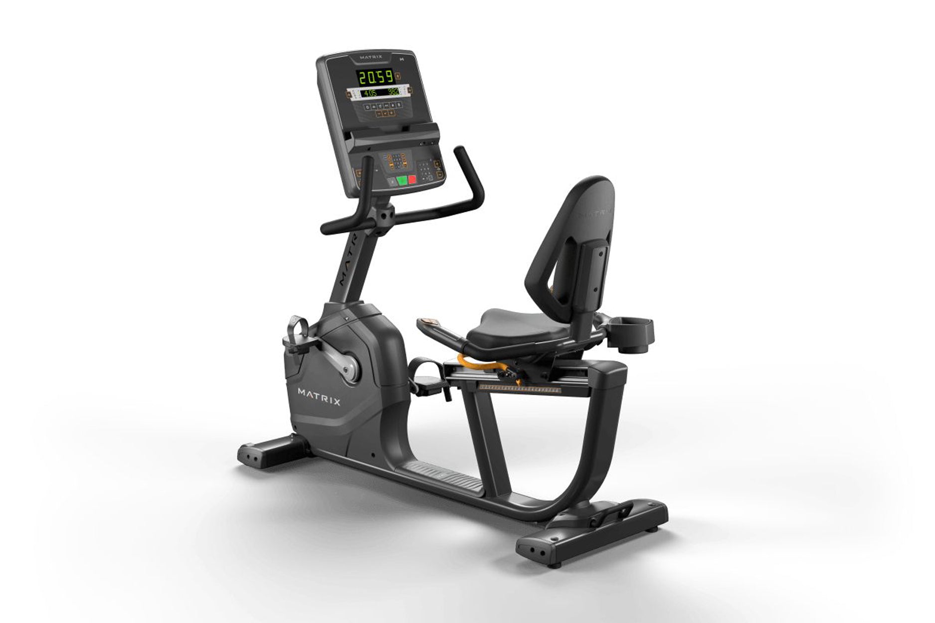 Matrix Endurance black recumbent exercise bike with digital console display, padded seat, and foot pedals on white background