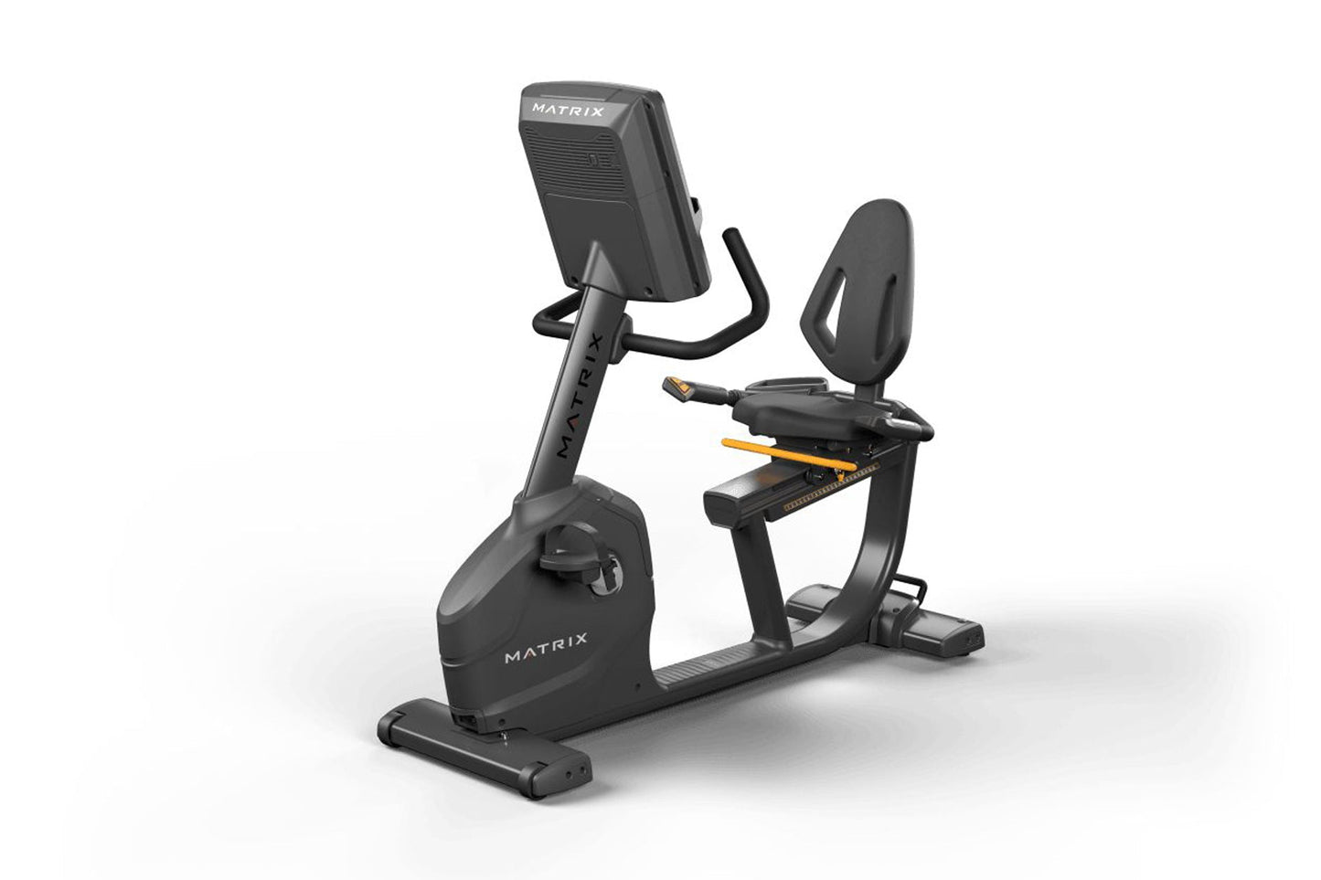 Matrix Endurance recumbent exercise bike with black frame, digital display monitor, padded seat and backrest, on white backgr