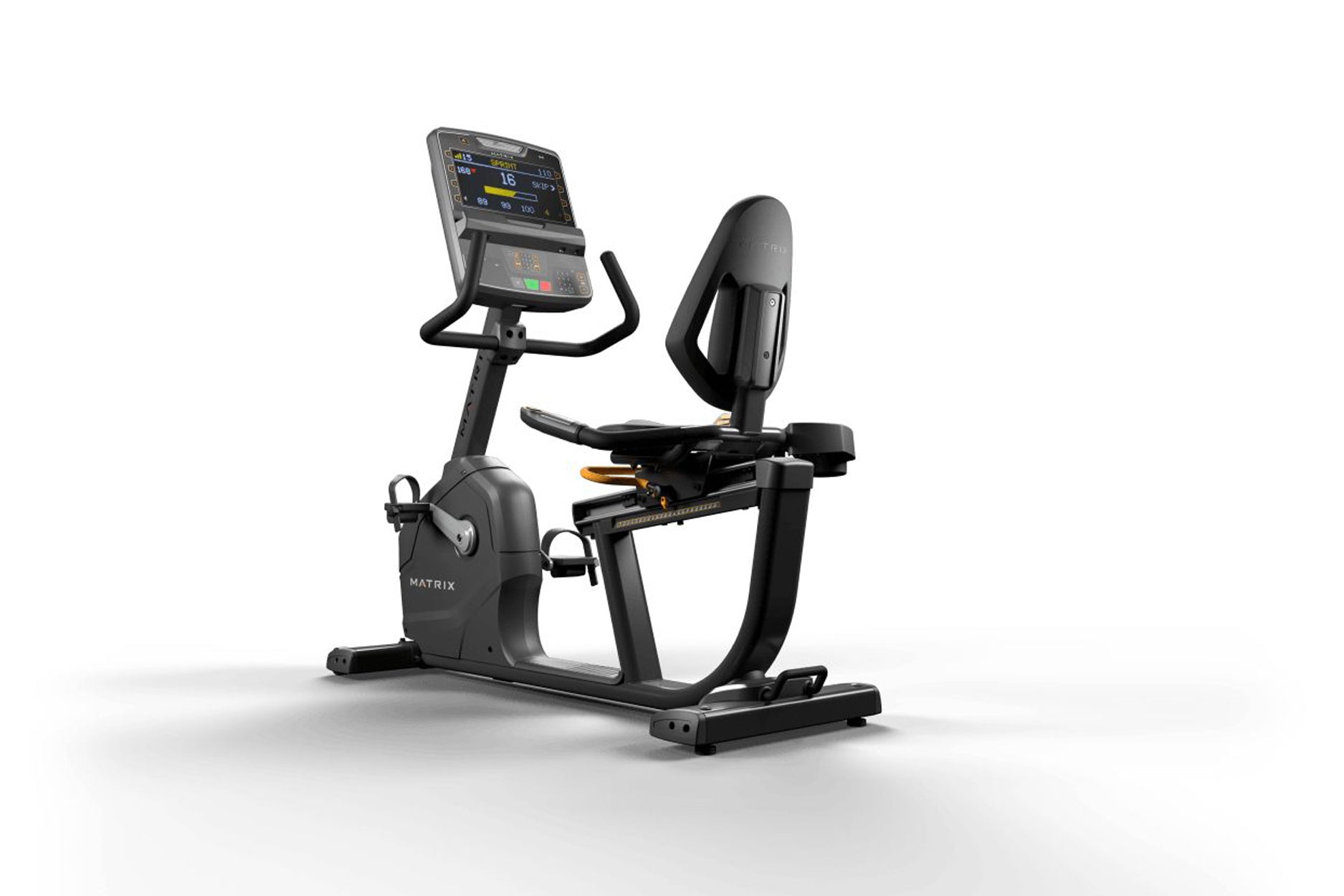 Matrix Endurance black recumbent exercise bike with digital display console and padded seat, on white background