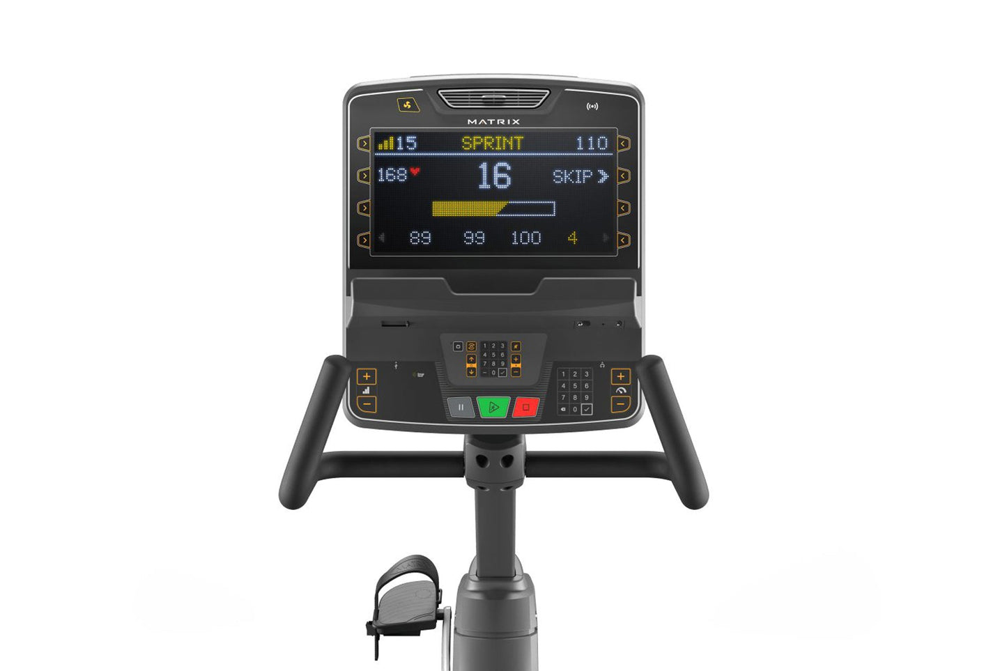 Matrix Endurance recumbent exercise bike with digital display showing sprint workout metrics, black frame with gold accents, 