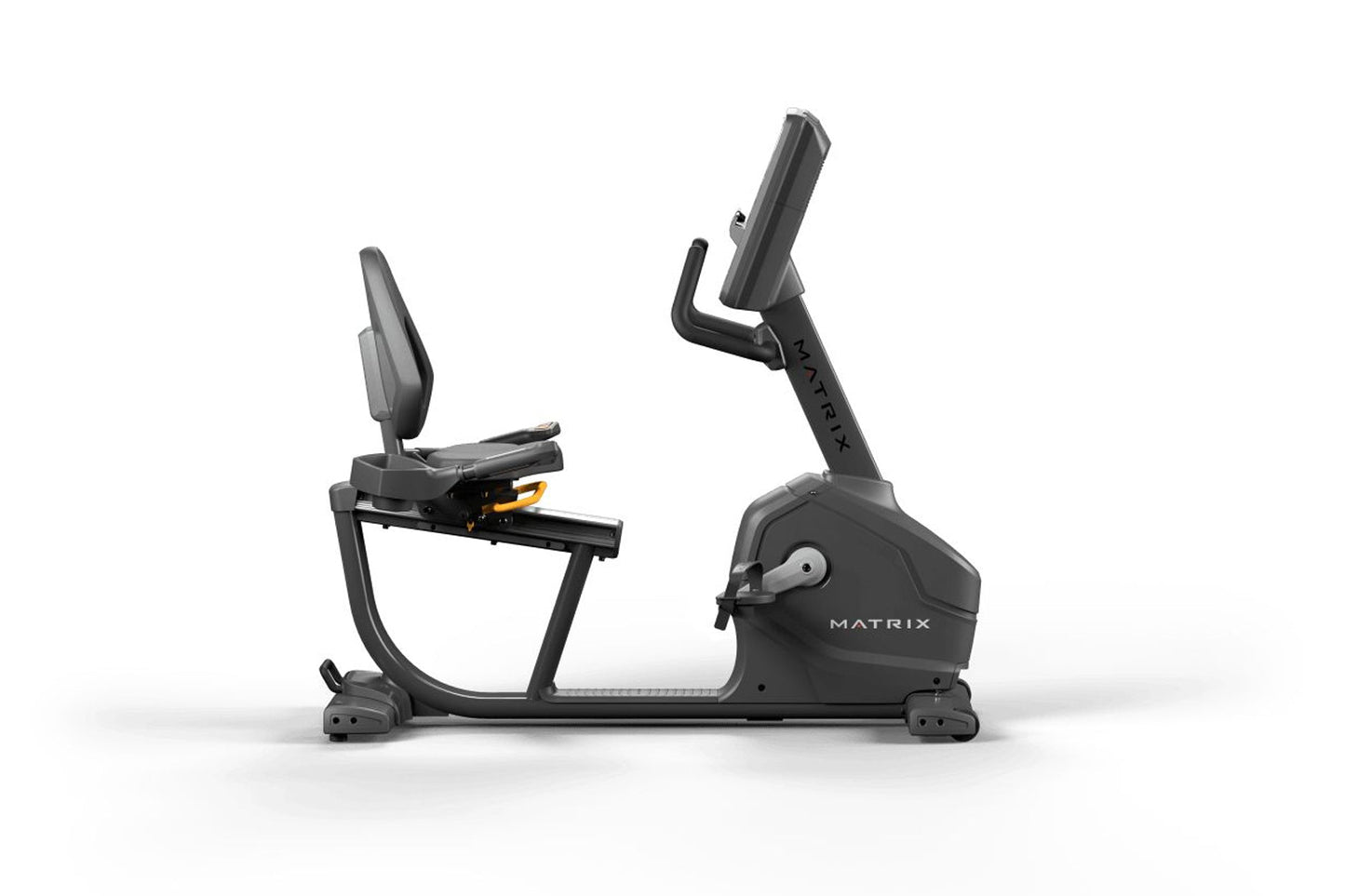 Matrix Endurance black recumbent exercise bike with upright console and padded seat, shown on white background