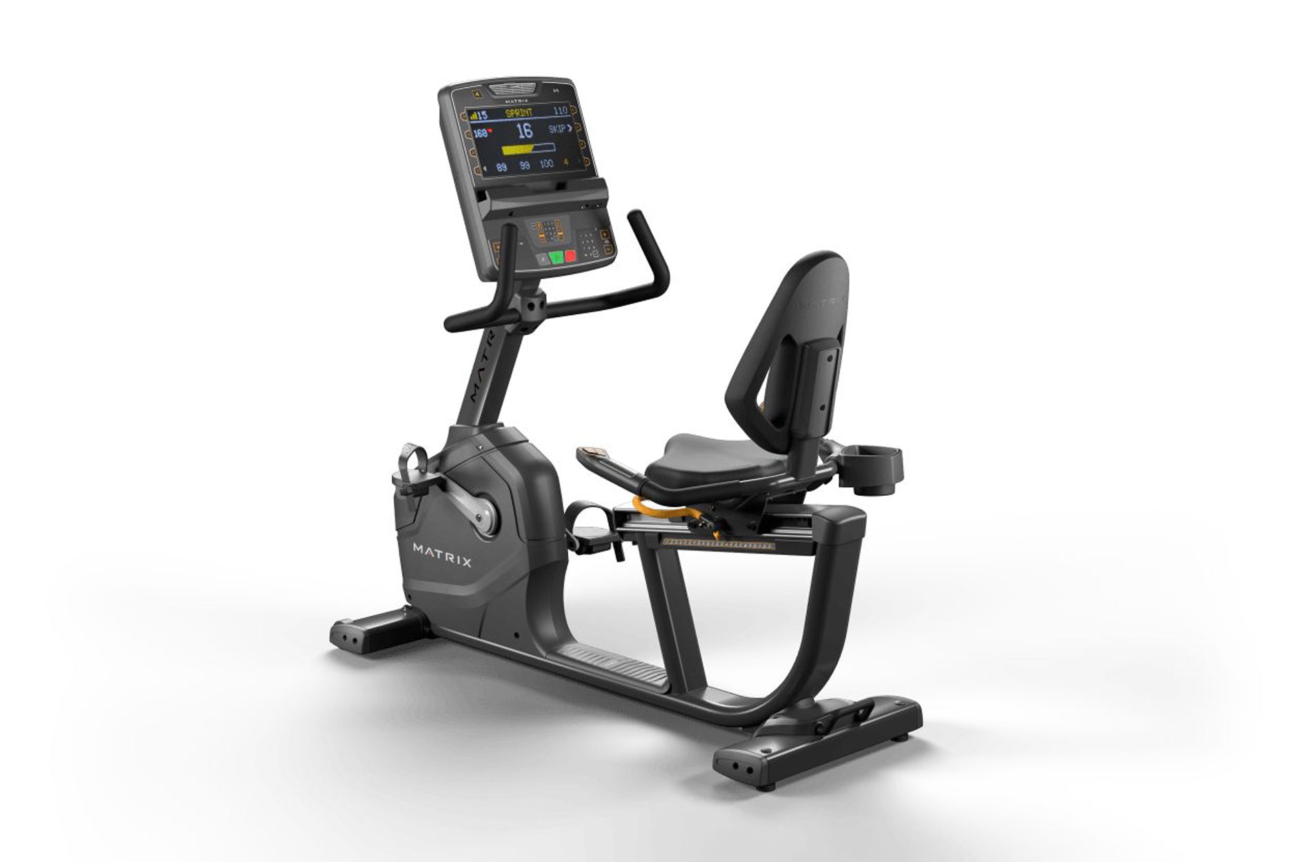 Black Matrix recumbent exercise bike with digital console display, padded seat, and foot pedals on white background