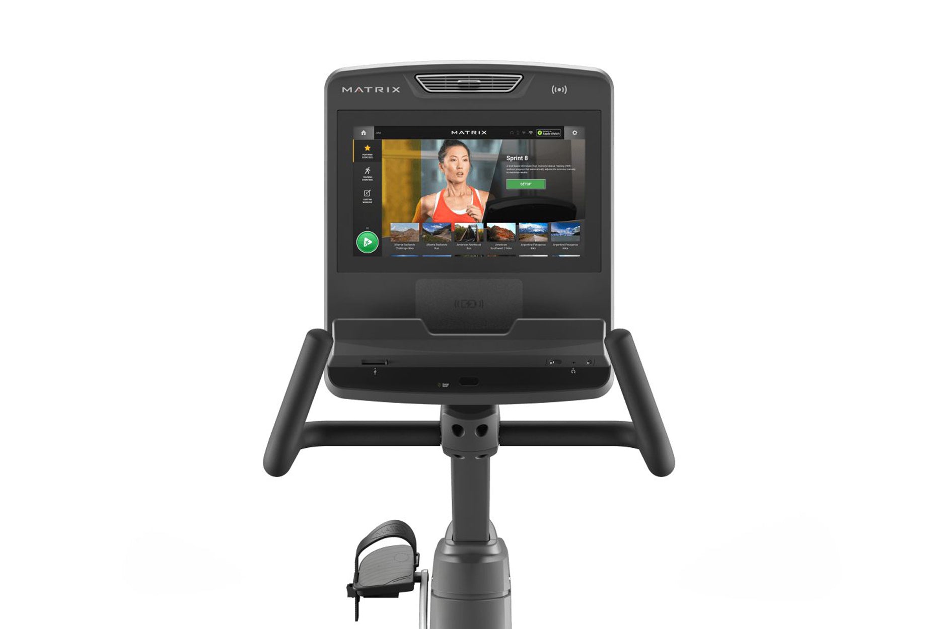 Matrix Endurance Recumbent Cycle with black frame, touchscreen display showing workout interface, and attached foot pedals on