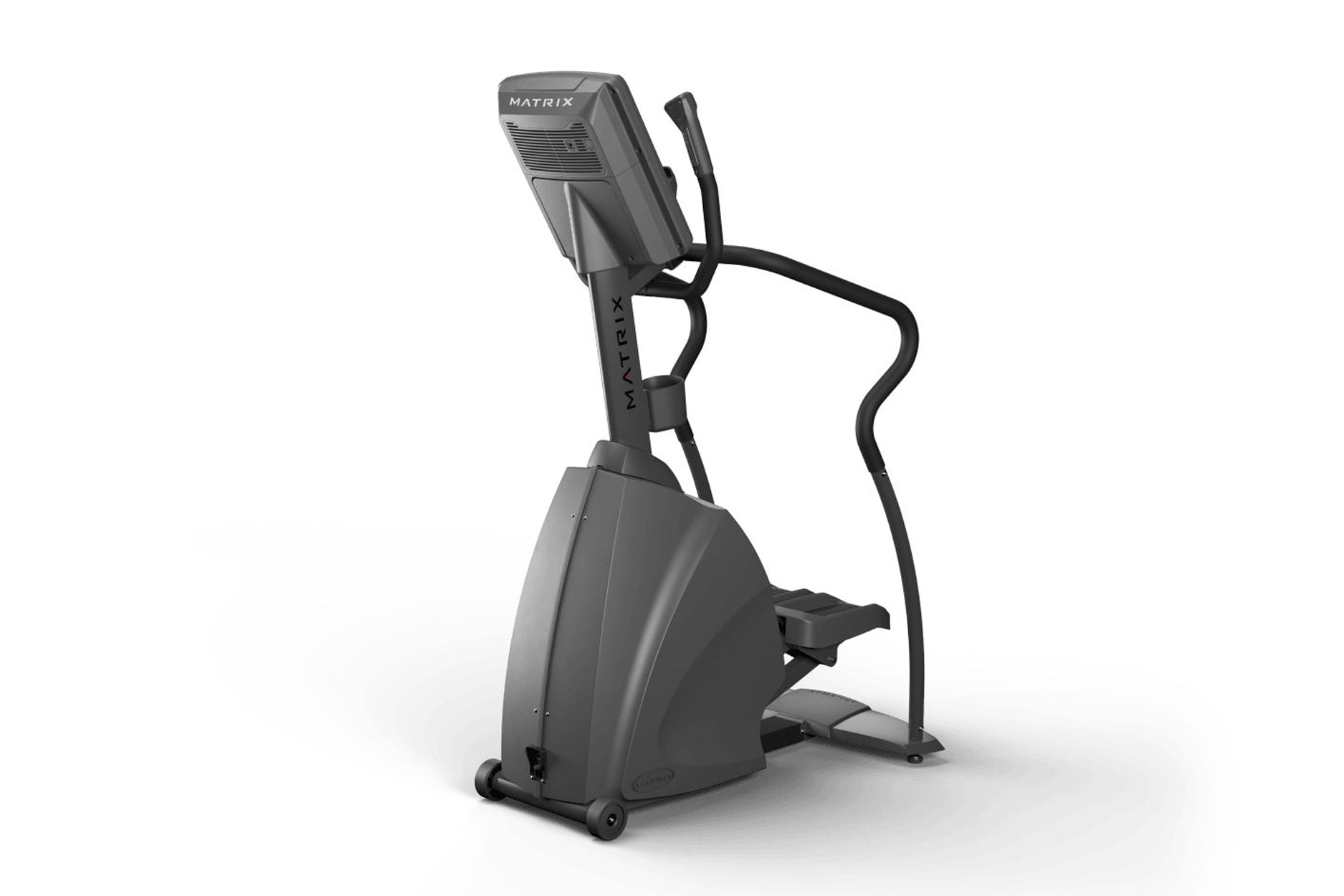 Matrix Endurance Stepper with gray and black frame, digital display console, and dual foot pedals on white background