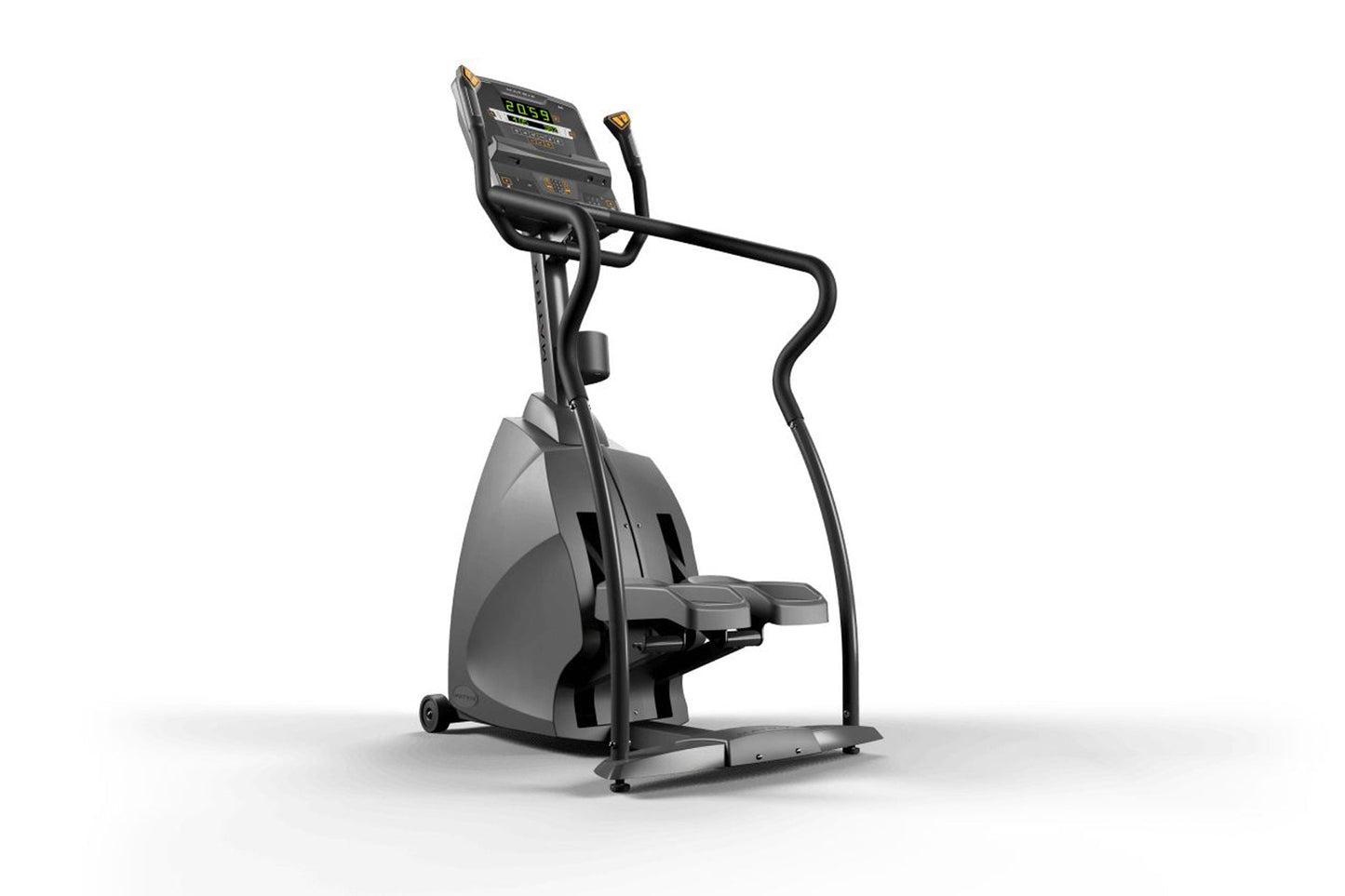 Matrix Endurance Stepper with digital display, black handles, gray base, and foot pedals on white background