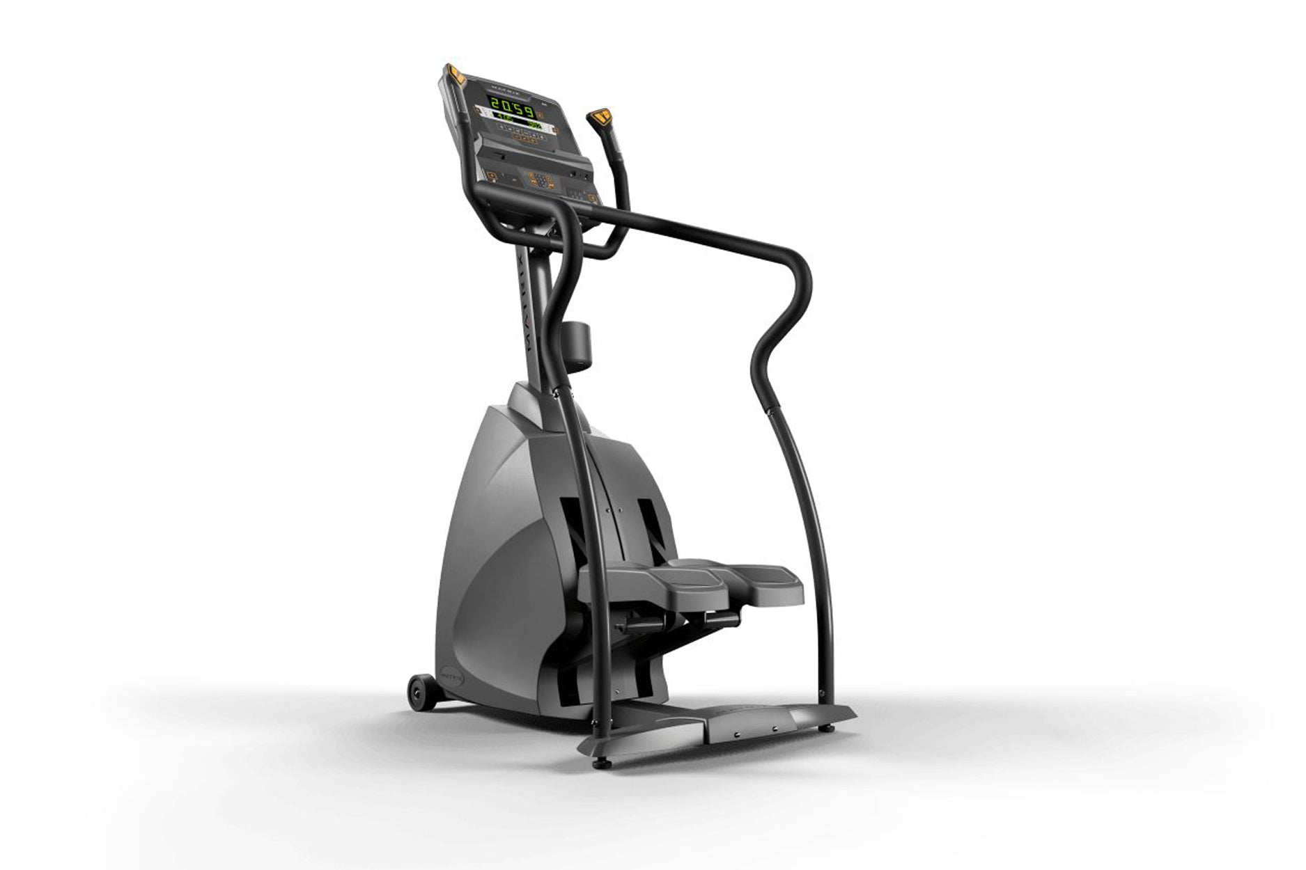 Matrix Endurance Stepper with digital display, black handles, gray base, and foot pedals on white background